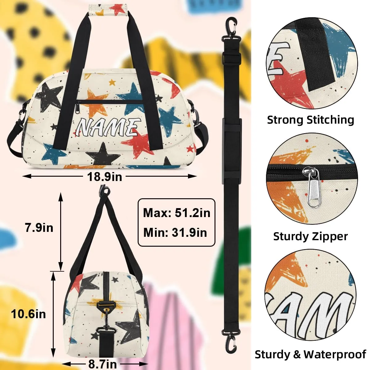 Personalized Custom Gym Bag for Women Men Carry on Cartoon Stars Travel Duffel Tote Sky Vibrant Overnight Workout Weekender Bag