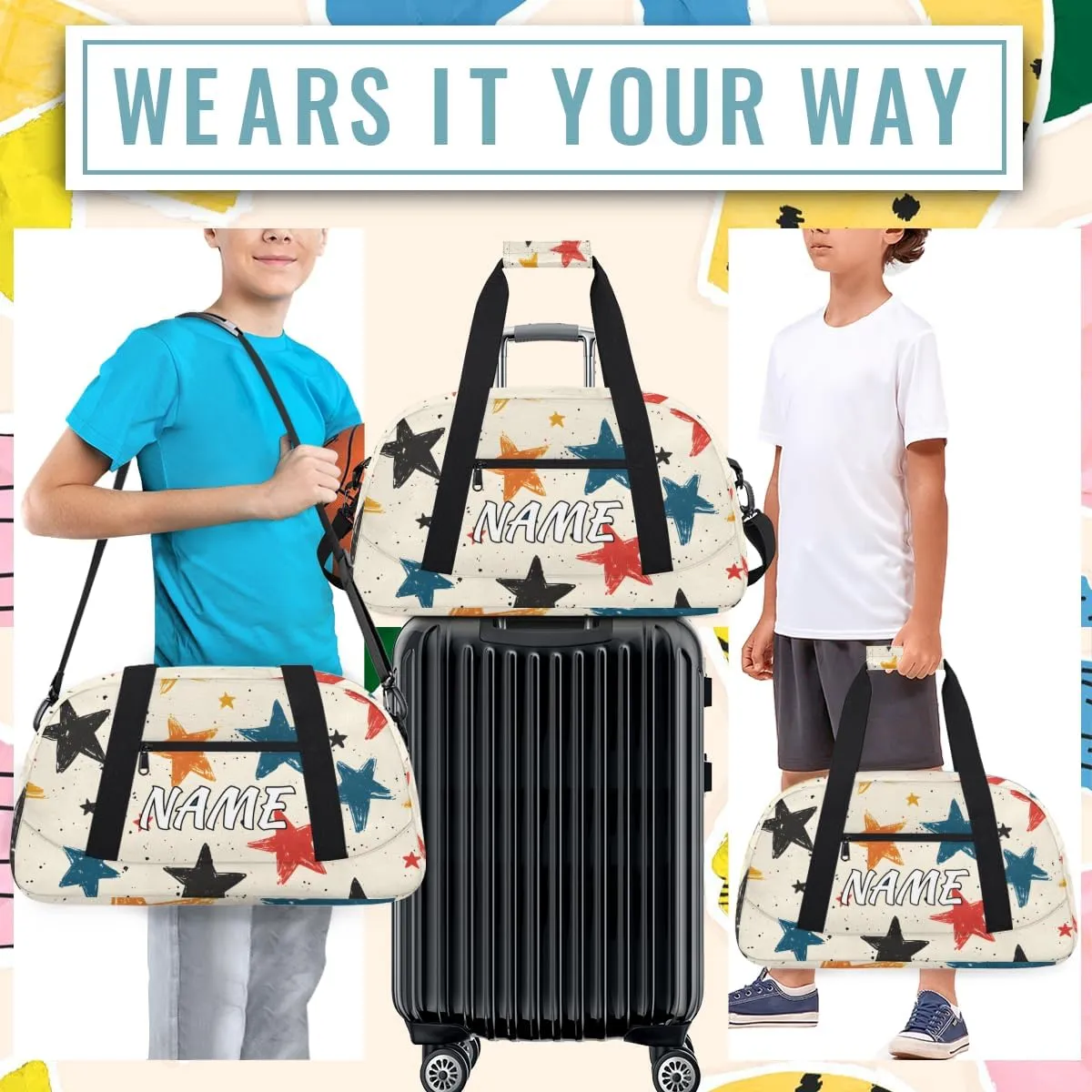 Personalized Custom Gym Bag for Women Men Carry on Cartoon Stars Travel Duffel Tote Sky Vibrant Overnight Workout Weekender Bag