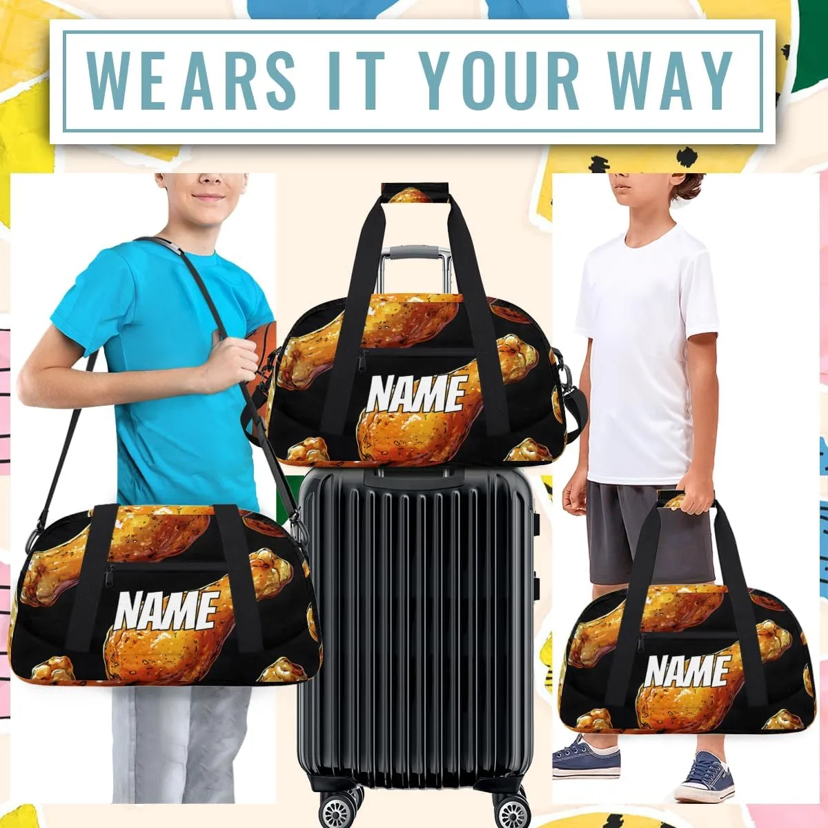 Personalized Custom Gym Bag for Women Men Carry on Chicken Legs Travel Duffel Tote Tasty Food Overnight Workout Weekender Bag
