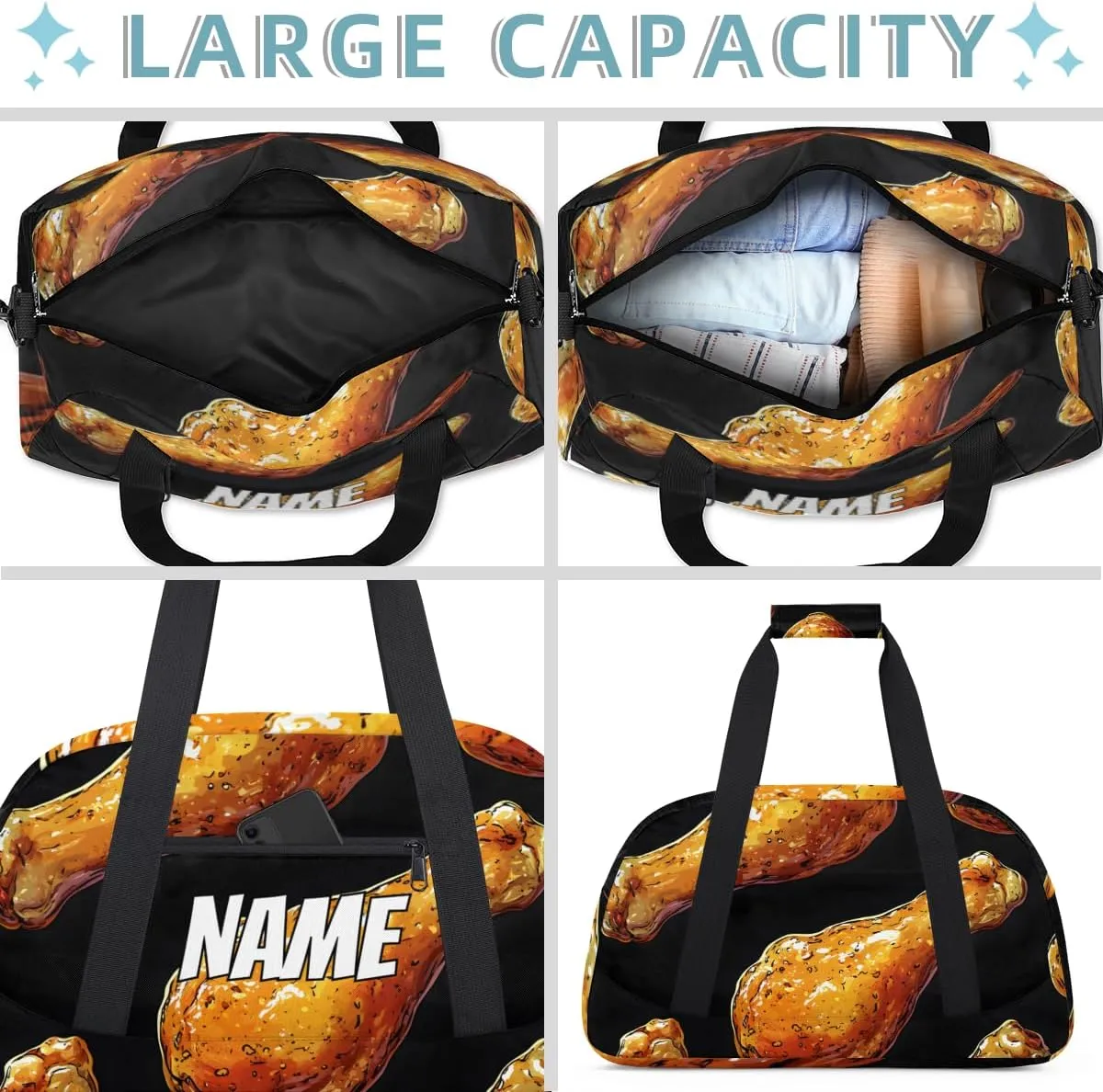 Personalized Custom Gym Bag for Women Men Carry on Chicken Legs Travel Duffel Tote Tasty Food Overnight Workout Weekender Bag