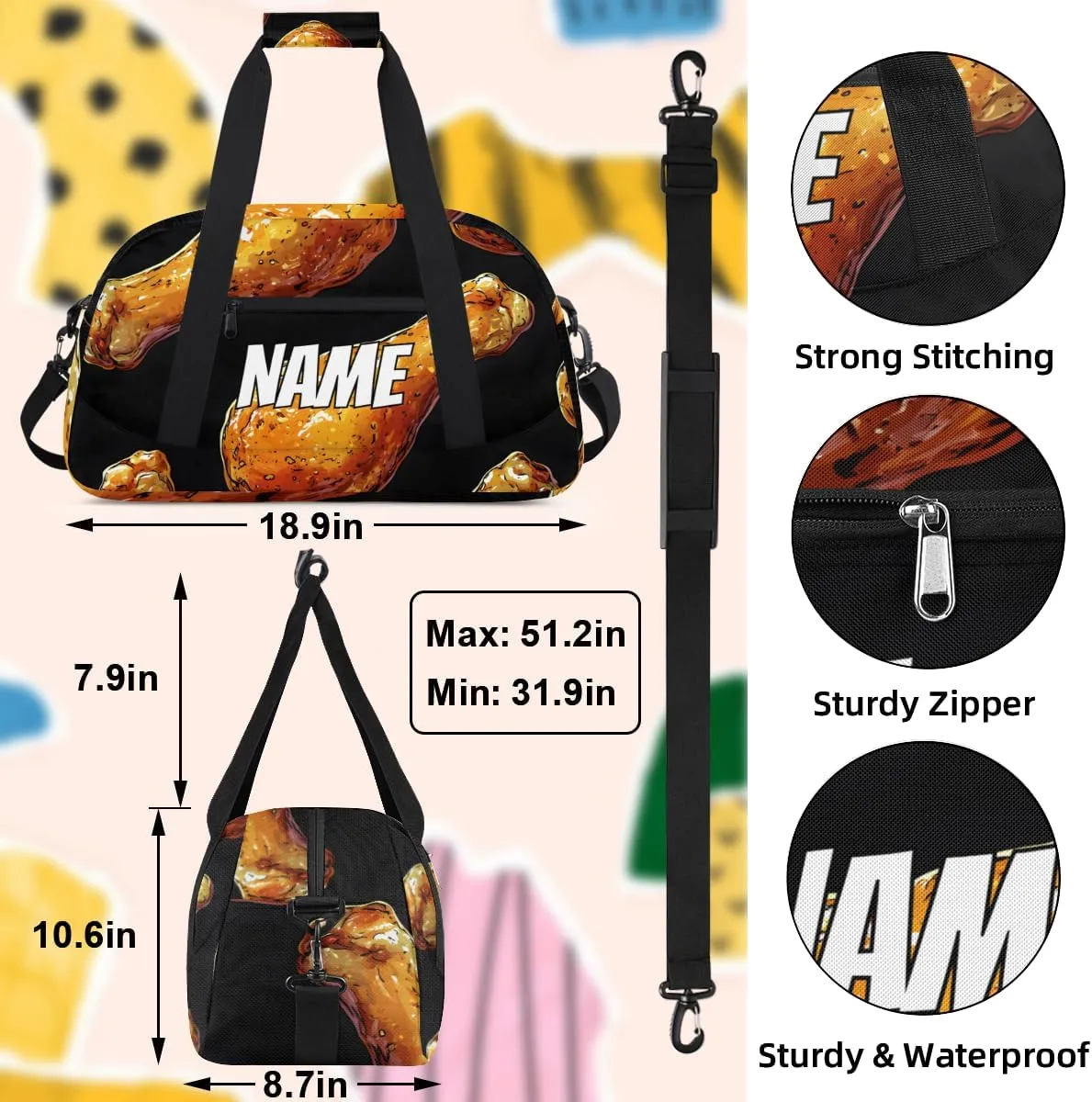 Personalized Custom Gym Bag for Women Men Carry on Chicken Legs Travel Duffel Tote Tasty Food Overnight Workout Weekender Bag