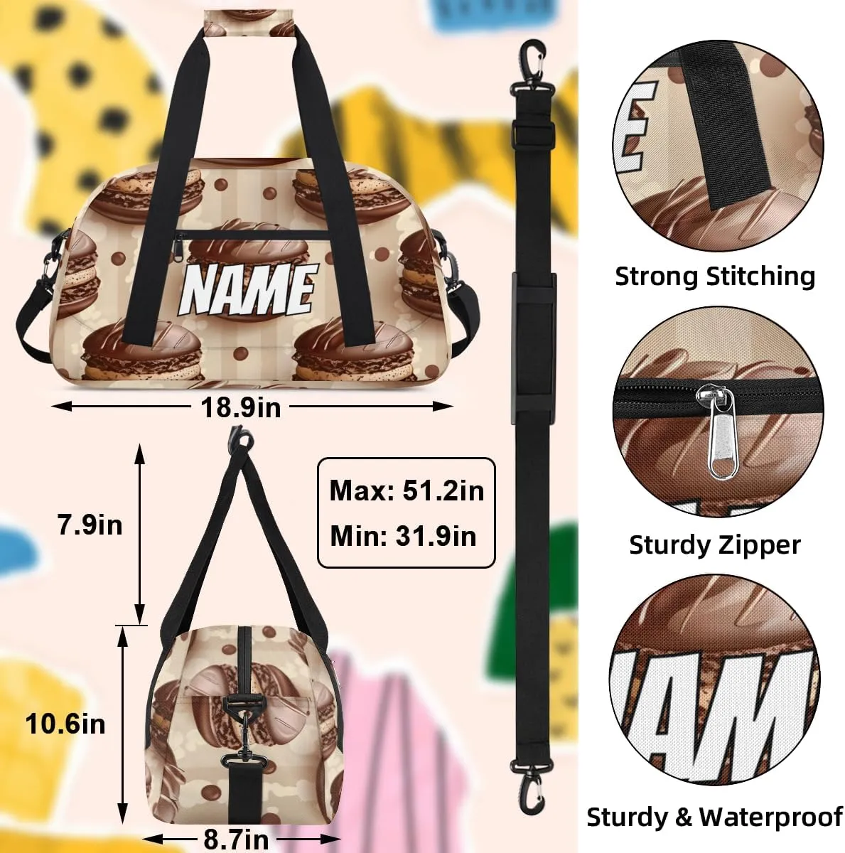 Personalized Custom Gym Bag for Women Men Carry on Chocolate Cookies Travel Duffel Tote Bakery Food Overnight Workout Weekender Bag