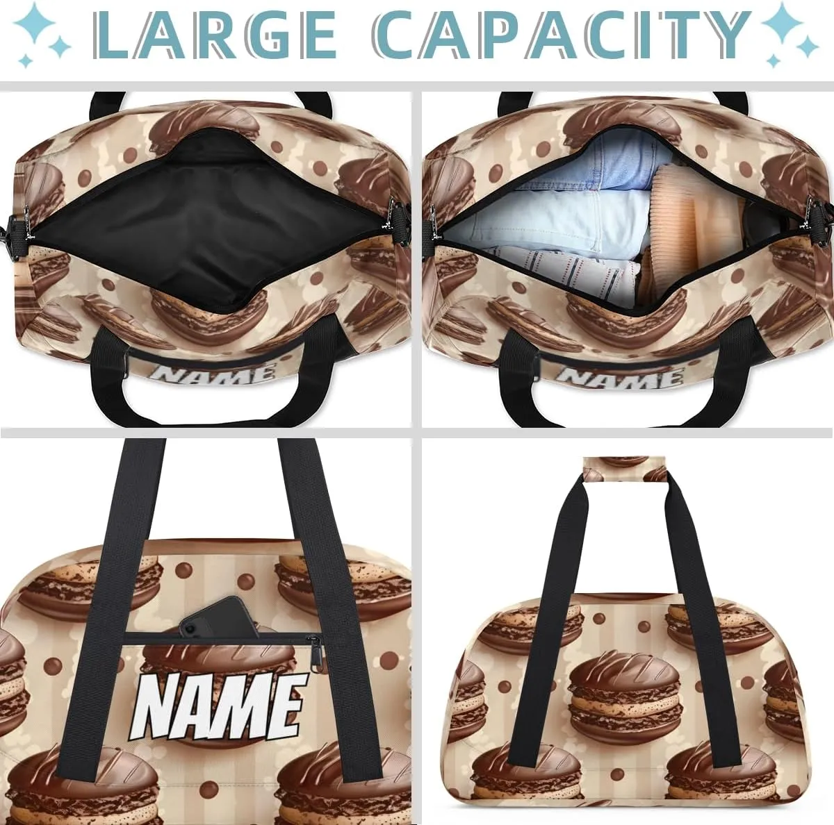 Personalized Custom Gym Bag for Women Men Carry on Chocolate Cookies Travel Duffel Tote Bakery Food Overnight Workout Weekender Bag
