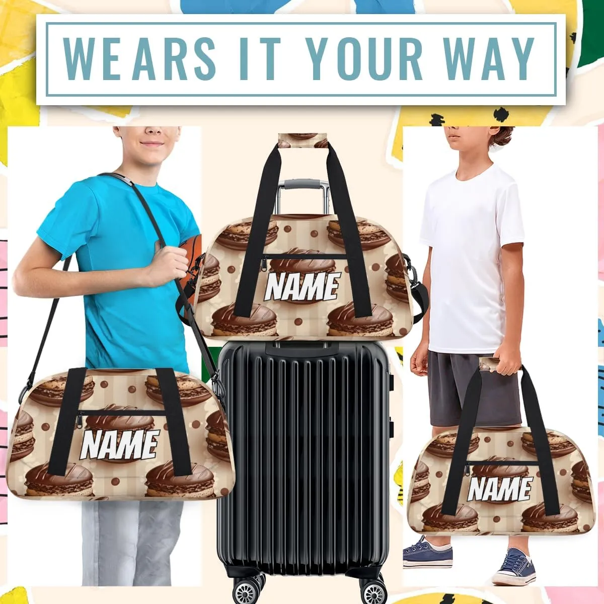 Personalized Custom Gym Bag for Women Men Carry on Chocolate Cookies Travel Duffel Tote Bakery Food Overnight Workout Weekender Bag