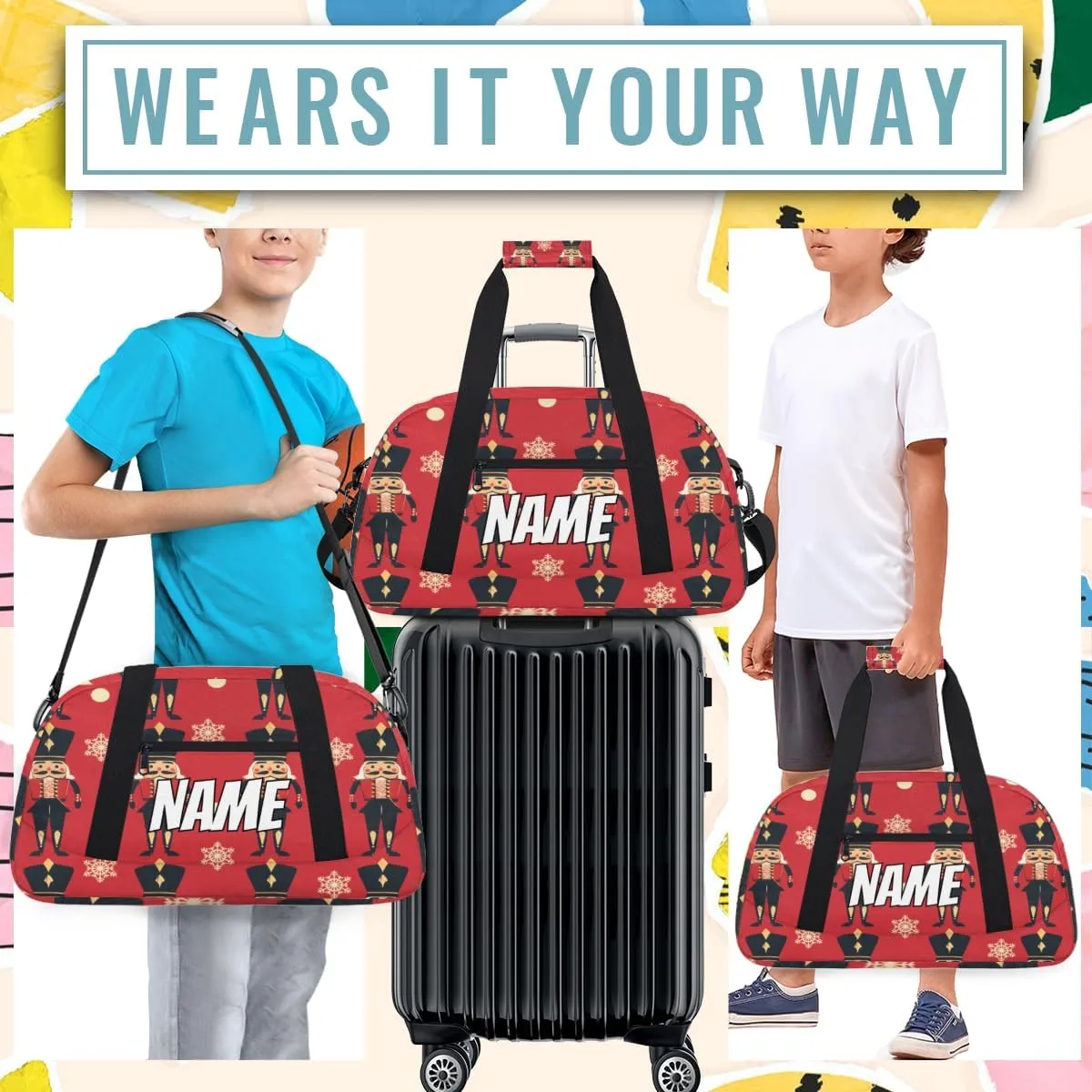 Personalized Custom Gym Bag for Women Men Carry on Christmas Nutcracker Travel Duffel Tote Rustic Snowflake Overnight Workout Weekender Bag