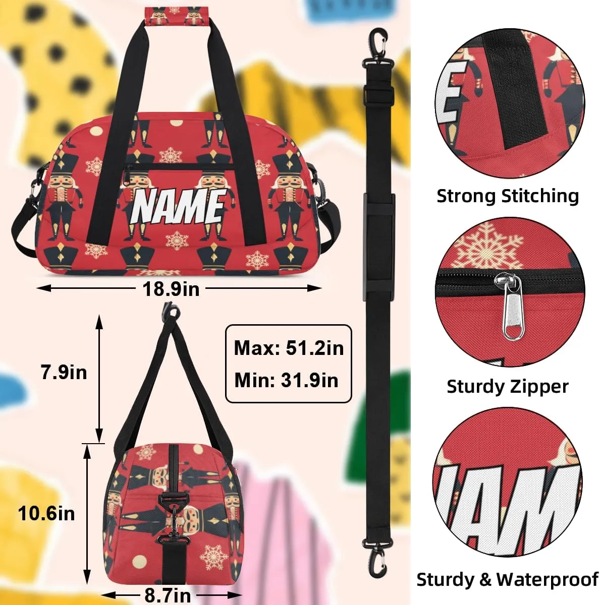 Personalized Custom Gym Bag for Women Men Carry on Christmas Nutcracker Travel Duffel Tote Rustic Snowflake Overnight Workout Weekender Bag