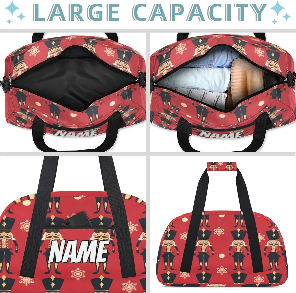 Personalized Custom Gym Bag for Women Men Carry on Christmas Nutcracker Travel Duffel Tote Rustic Snowflake Overnight Workout Weekender Bag