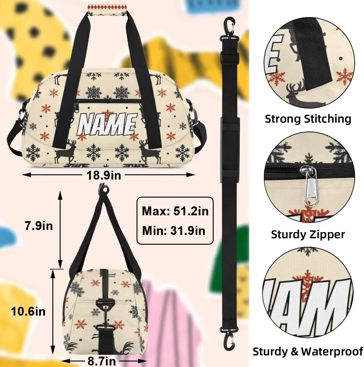 Personalized Custom Gym Bag for Women Men Carry on Christmas Theme Travel Duffel Tote Snowflake Reindeer Overnight Workout Weekender Bag