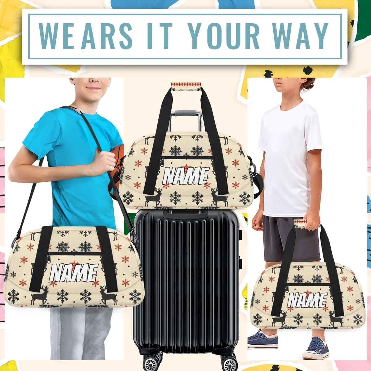 Personalized Custom Gym Bag for Women Men Carry on Christmas Theme Travel Duffel Tote Snowflake Reindeer Overnight Workout Weekender Bag