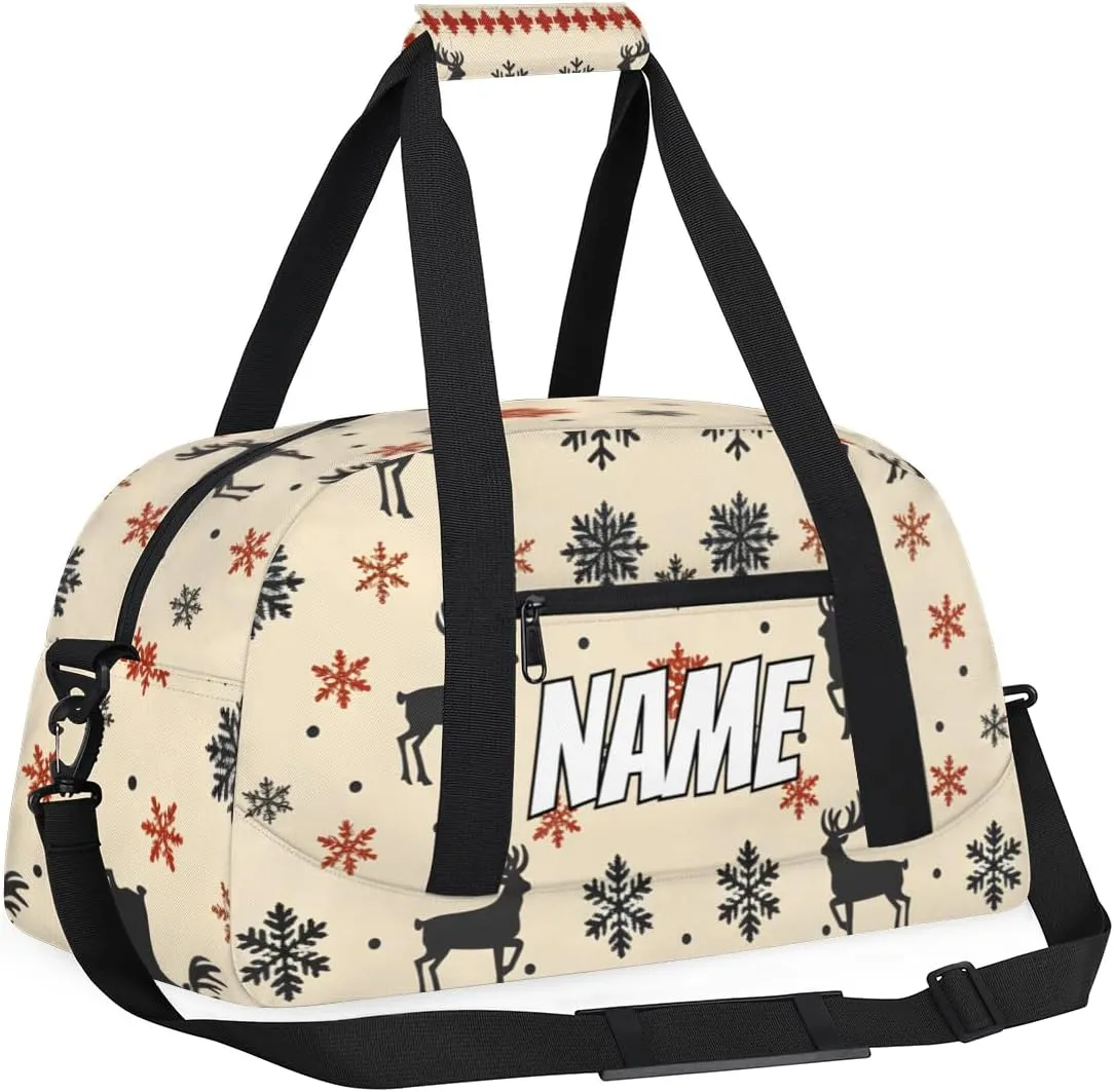 Personalized Custom Gym Bag for Women Men Carry on Christmas Theme Travel Duffel Tote Snowflake Reindeer Overnight Workout Weekender Bag