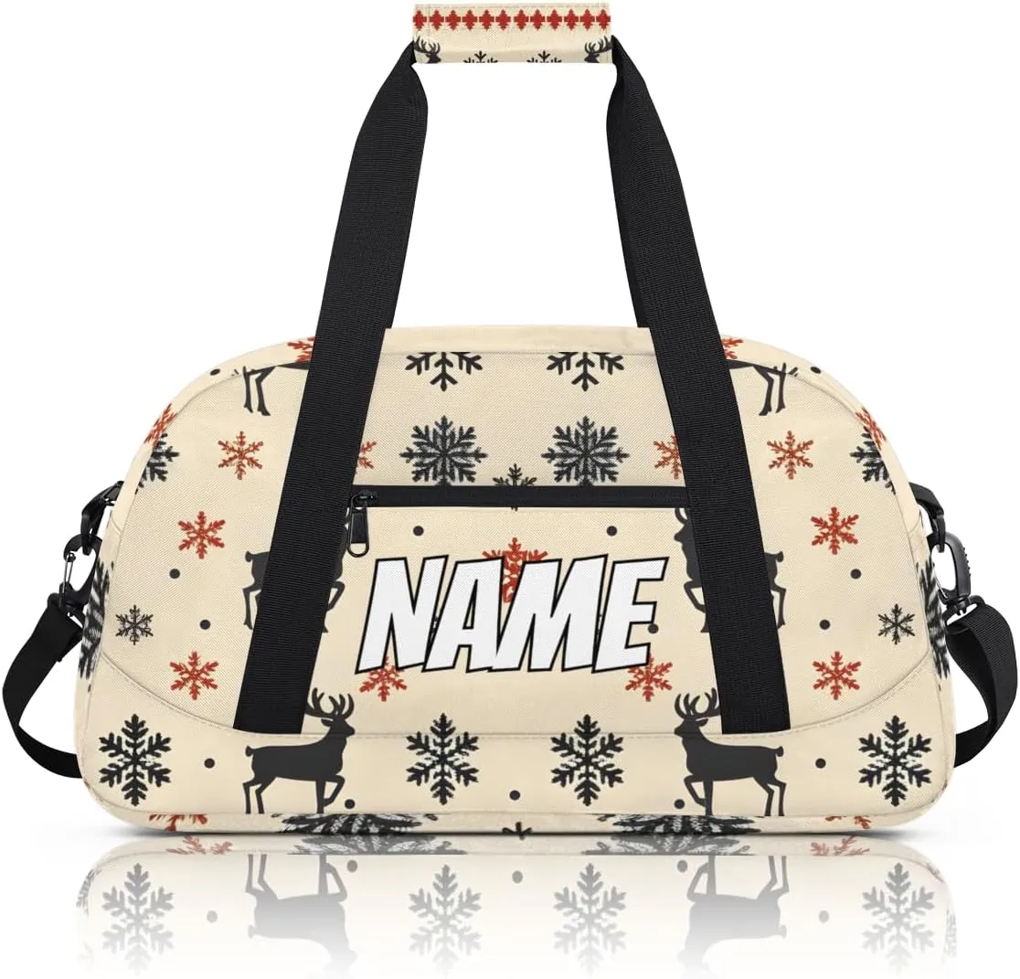Personalized Custom Gym Bag for Women Men Carry on Christmas Theme Travel Duffel Tote Snowflake Reindeer Overnight Workout Weekender Bag