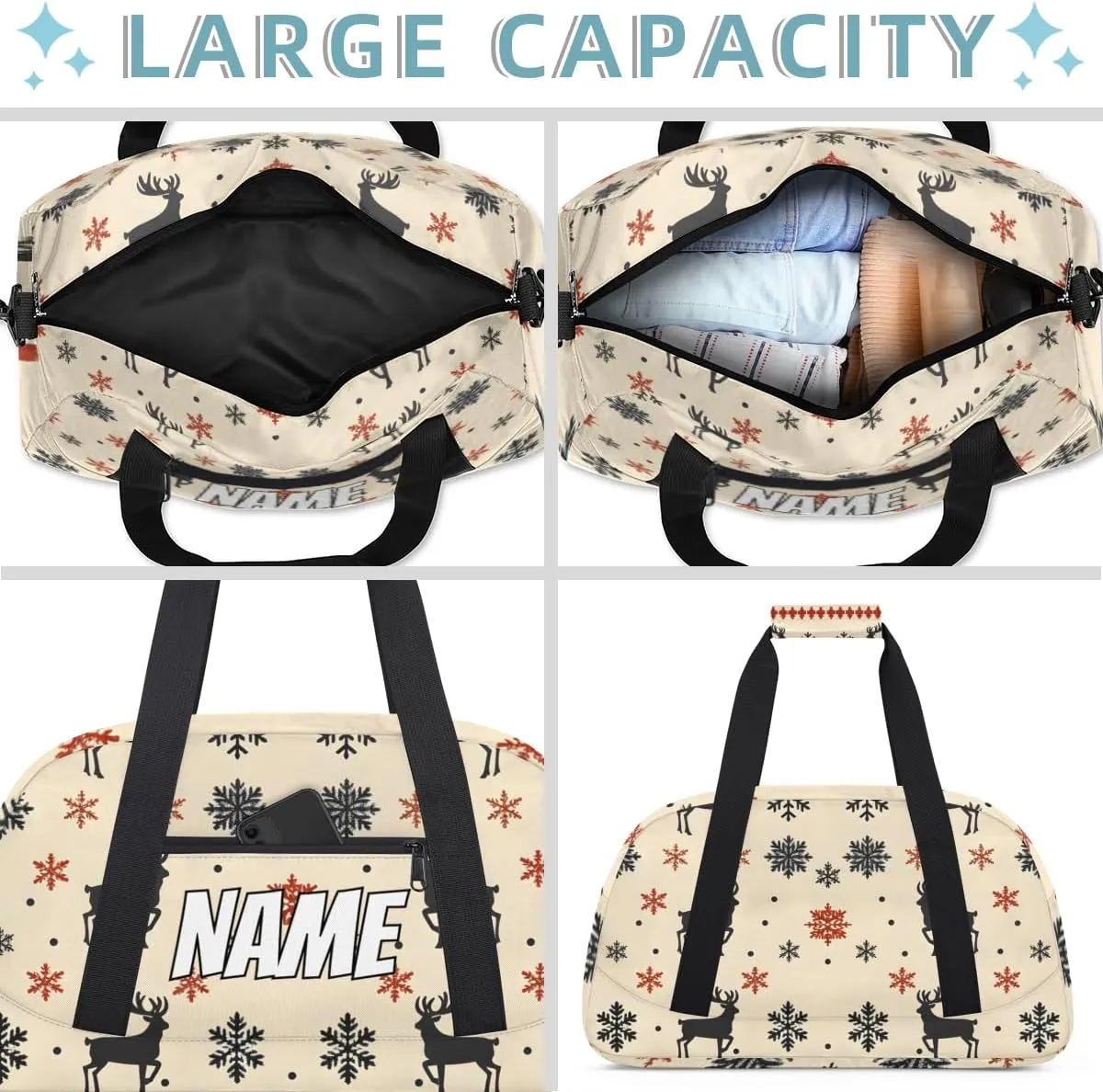 Personalized Custom Gym Bag for Women Men Carry on Christmas Theme Travel Duffel Tote Snowflake Reindeer Overnight Workout Weekender Bag