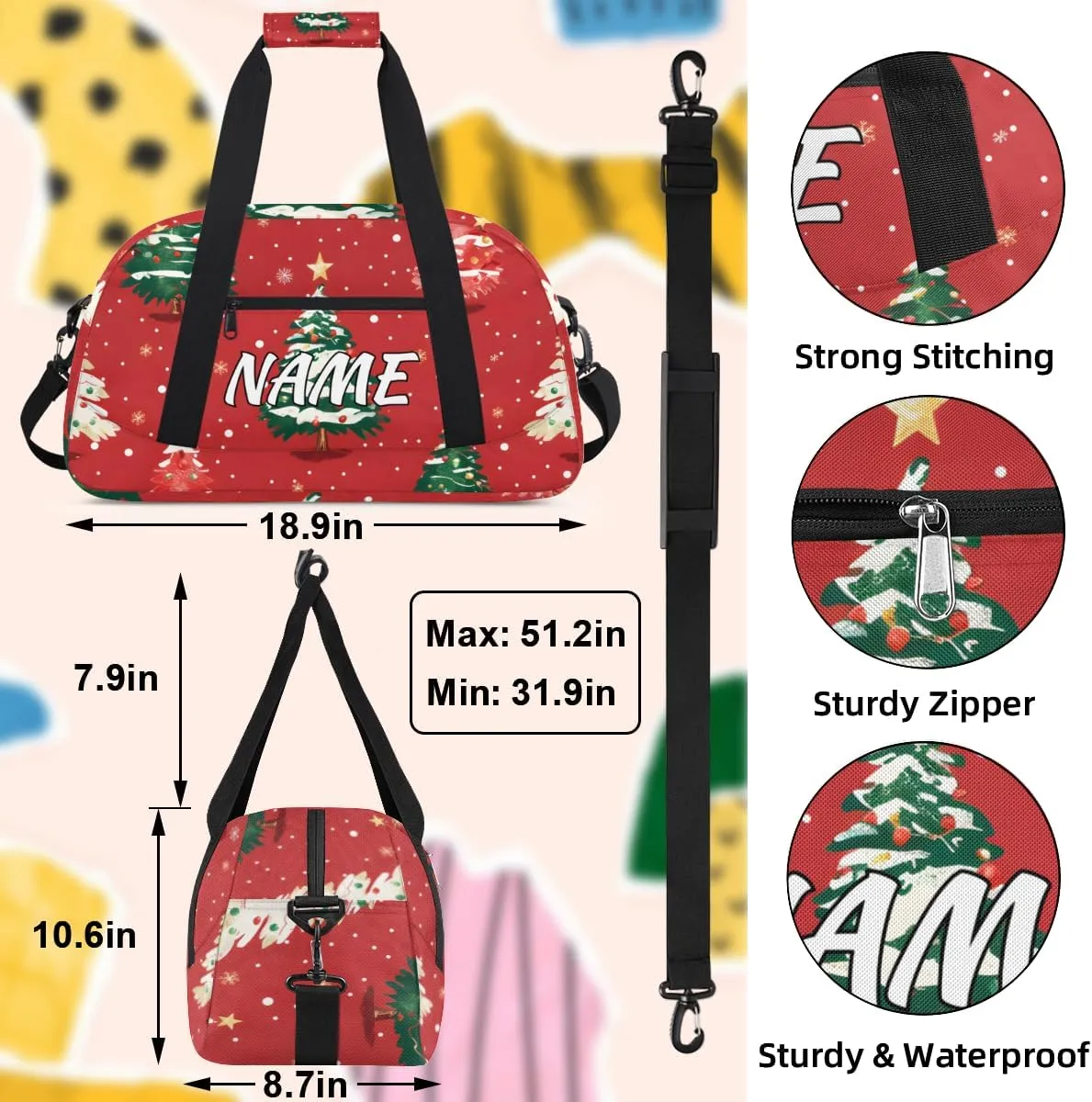 Personalized Custom Gym Bag for Women Men Carry on Christmas Tree Travel Duffel Tote Winter Snowflake Overnight Workout Weekender Bag