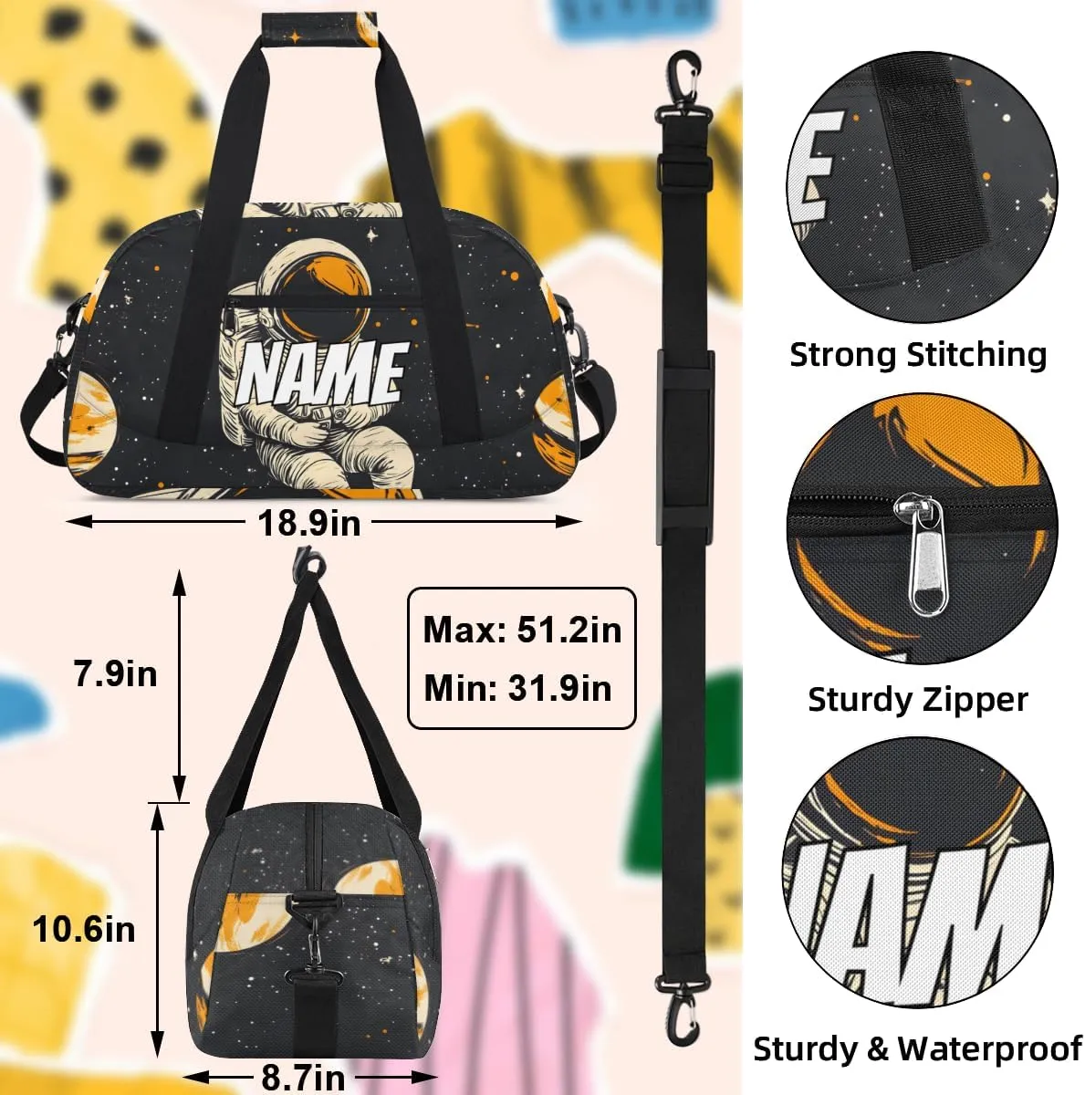 Personalized Custom Gym Bag for Women Men Carry on Cool Astronaut Travel Duffel Tote Universe Space Overnight Workout Weekender Bag