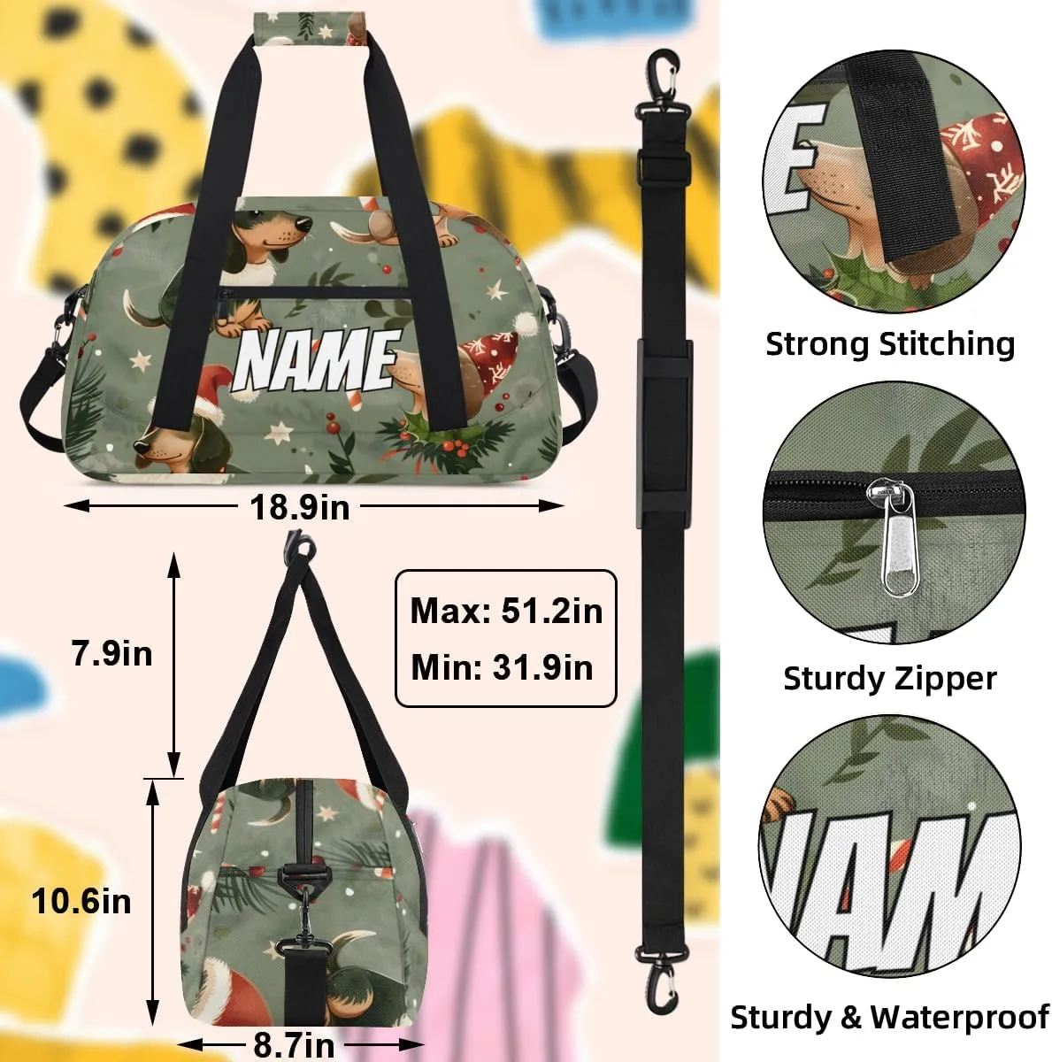 Personalized Custom Gym Bag for Women Men Carry on Cute Dachshunds Dog Travel Duffel Tote Fun Christmas Overnight Workout Weekender Bag