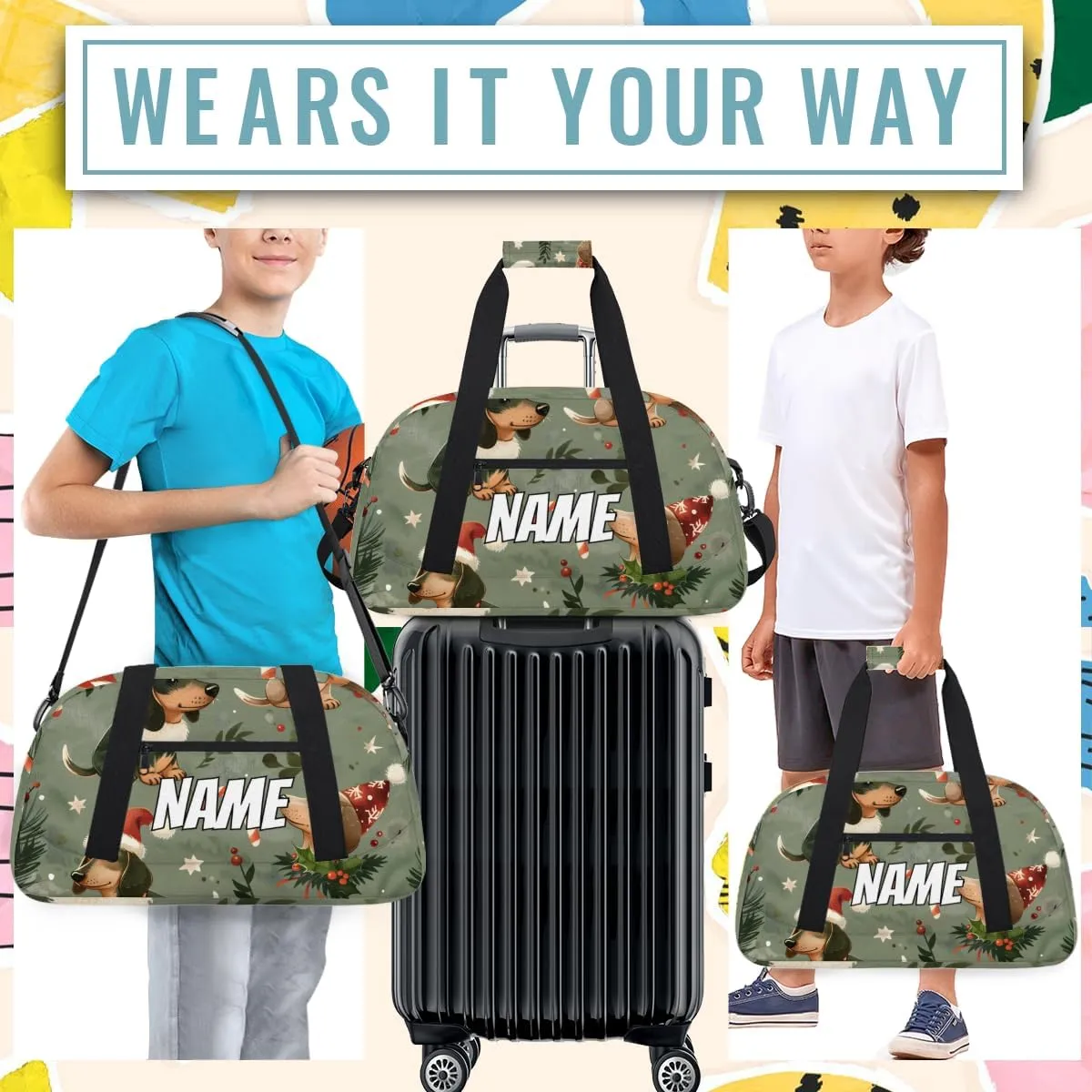 Personalized Custom Gym Bag for Women Men Carry on Cute Dachshunds Dog Travel Duffel Tote Fun Christmas Overnight Workout Weekender Bag