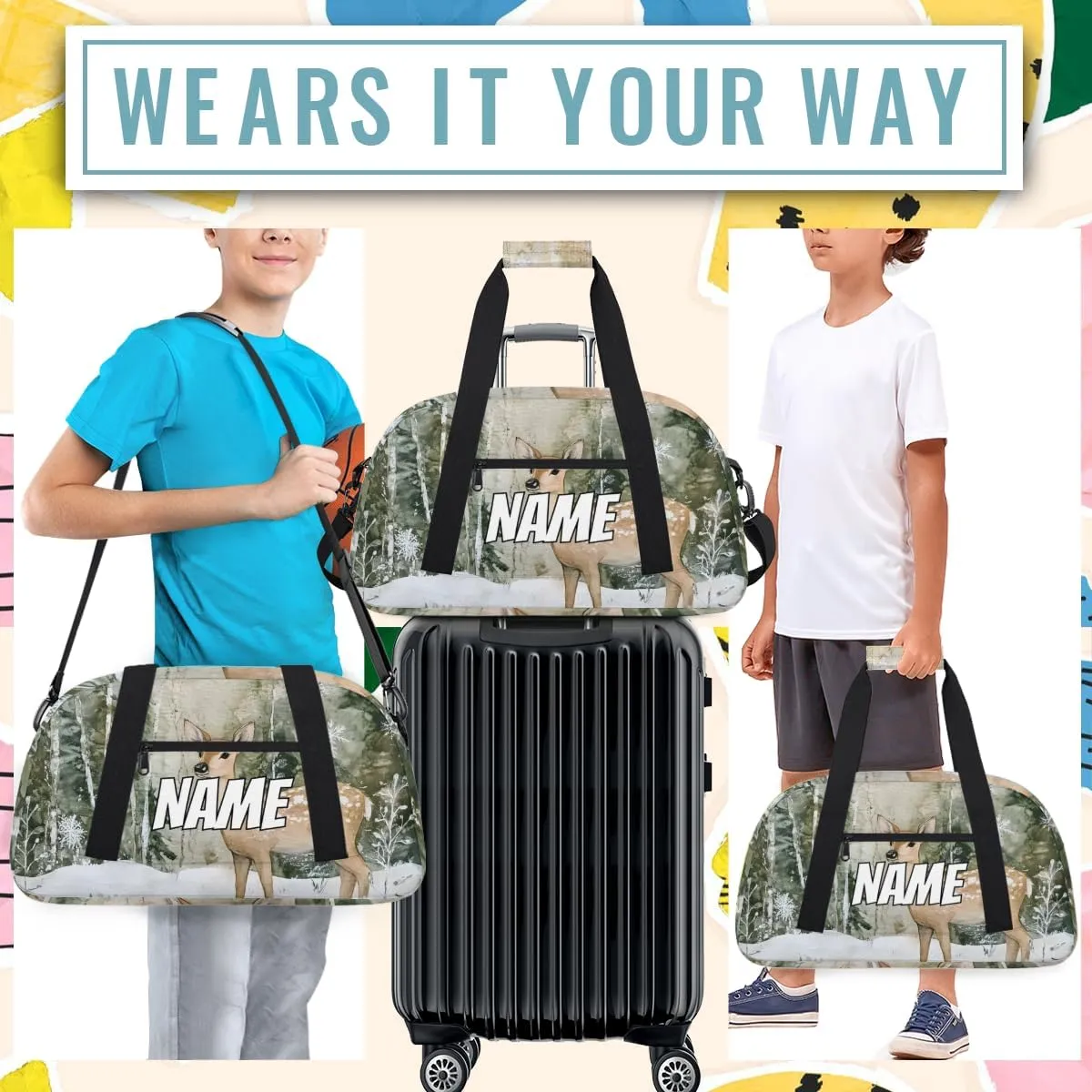 Personalized Custom Gym Bag for Women Men Carry on Cute Deer Travel Duffel Tote Forest Elk Overnight Workout Weekender Bag