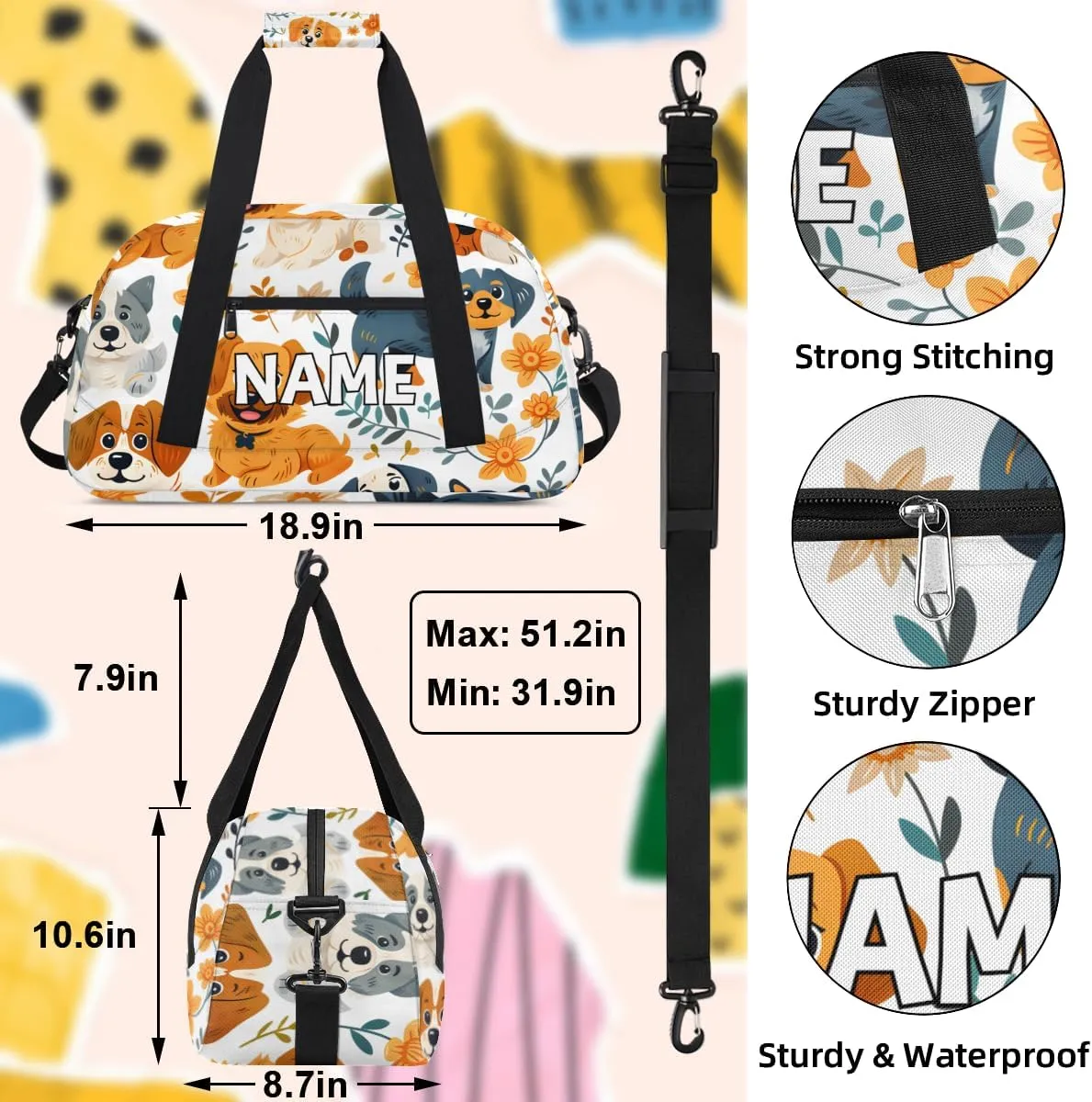 Personalized Custom Gym Bag for Women Men Carry on Cute Dogs Travel Duffel Tote Pet Puppy Overnight Workout Weekender Bag