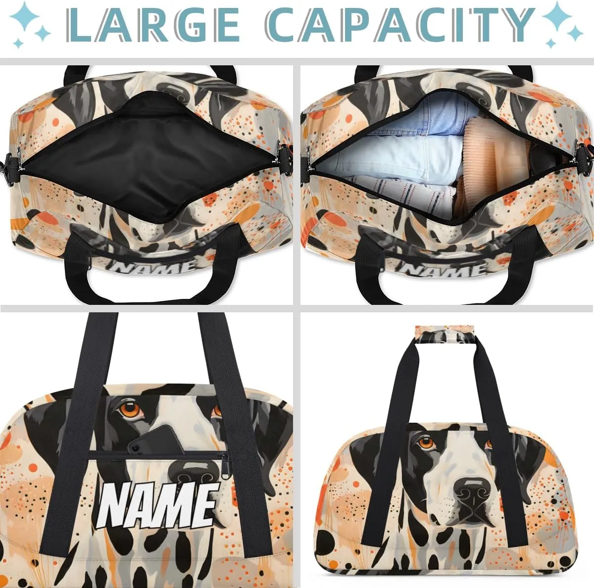 Personalized Custom Gym Bag for Women Men Carry on Dot Dalmatian Travel Duffel Tote Black Orange Dot Overnight Workout Weekender Bag