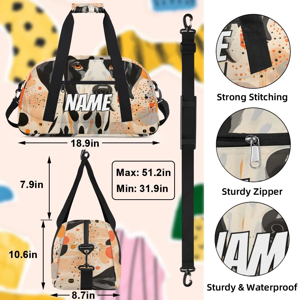 Personalized Custom Gym Bag for Women Men Carry on Dot Dalmatian Travel Duffel Tote Black Orange Dot Overnight Workout Weekender Bag