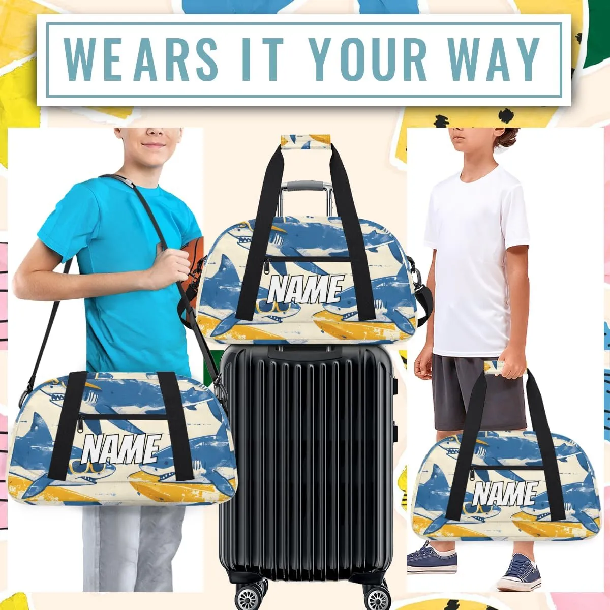 Personalized Custom Gym Bag for Women Men Carry on Funny Shark Travel Duffel Tote Happy Surfing Overnight Workout Weekender Bag