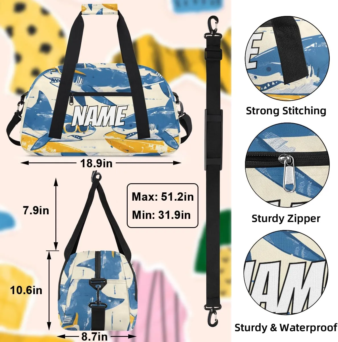 Personalized Custom Gym Bag for Women Men Carry on Funny Shark Travel Duffel Tote Happy Surfing Overnight Workout Weekender Bag