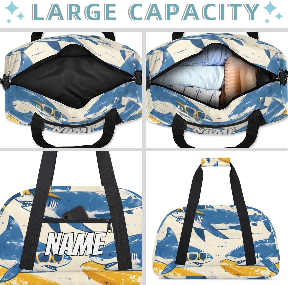 Personalized Custom Gym Bag for Women Men Carry on Funny Shark Travel Duffel Tote Happy Surfing Overnight Workout Weekender Bag