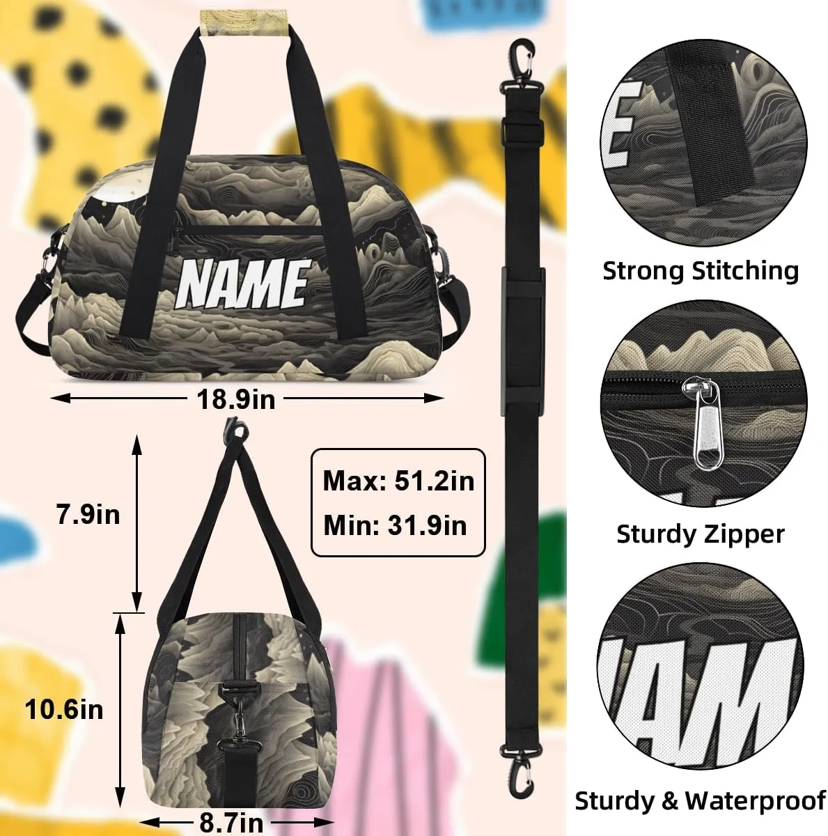 Personalized Custom Gym Bag for Women Men Carry on Japanese Waves Travel Duffel Tote Asian Art Overnight Workout Weekender Bag