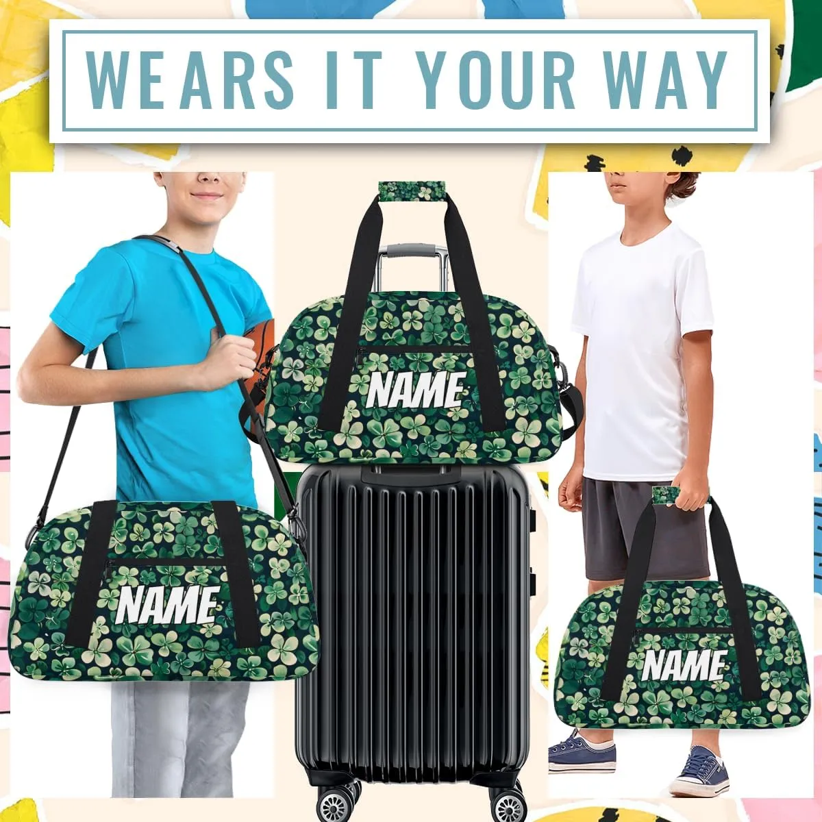 Personalized Custom Gym Bag for Women Men Carry on Lucky Shamrock Travel Duffel Tote Patricks Day Overnight Workout Weekender Bag