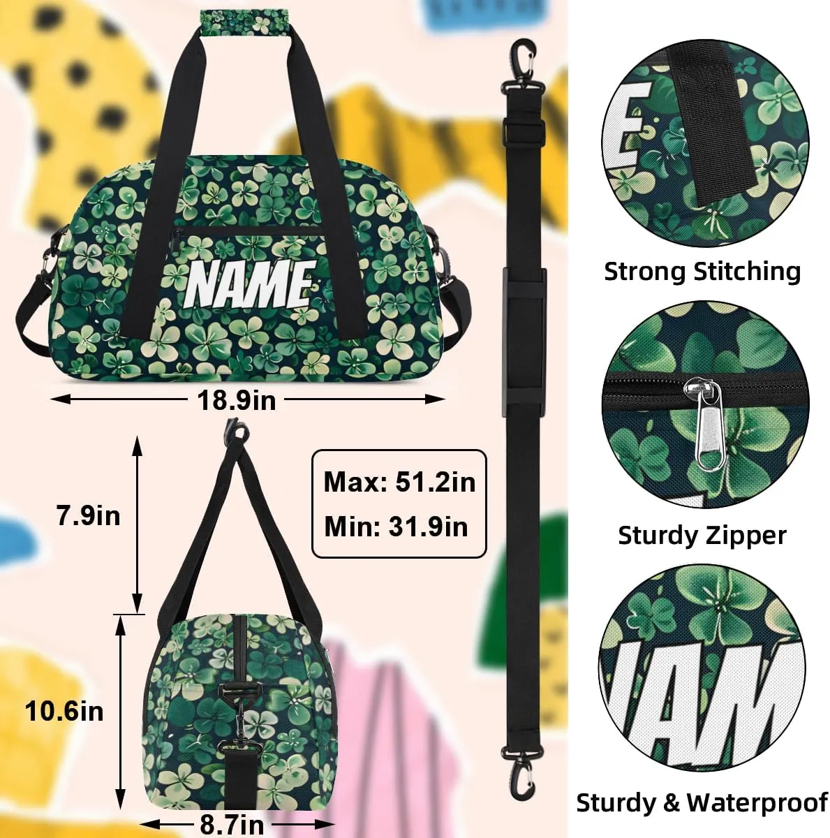 Personalized Custom Gym Bag for Women Men Carry on Lucky Shamrock Travel Duffel Tote Patricks Day Overnight Workout Weekender Bag