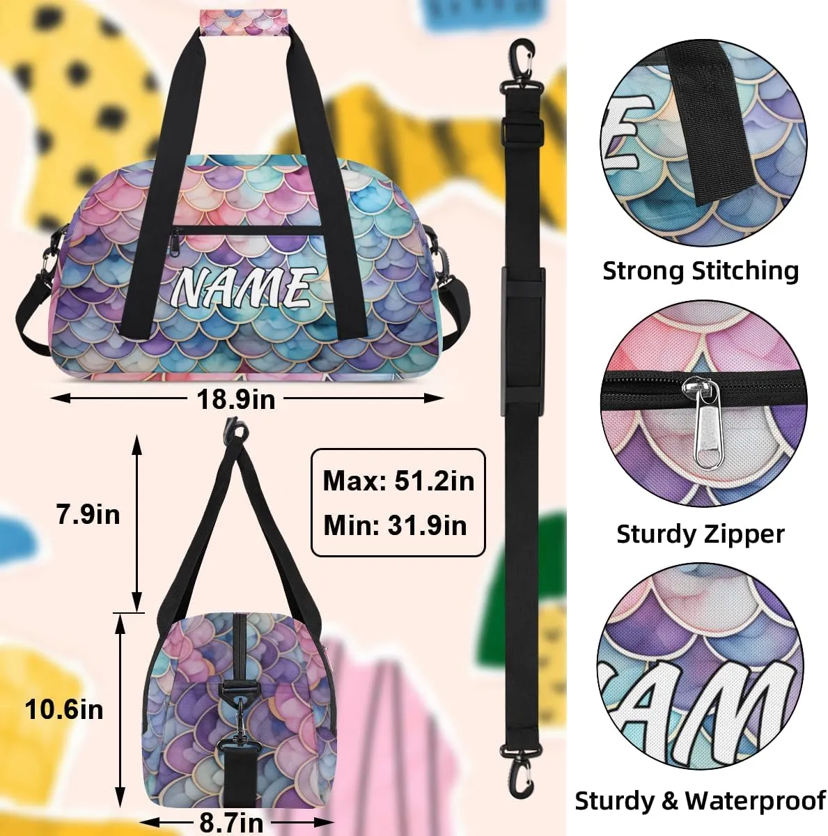 Personalized Custom Gym Bag for Women Men Carry on Mermaid Scales Travel Duffel Tote Purple Blue Overnight Workout Weekender Bag