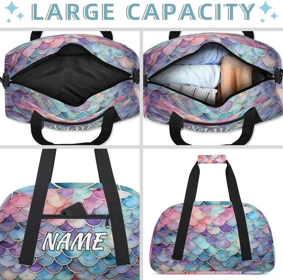 Personalized Custom Gym Bag for Women Men Carry on Mermaid Scales Travel Duffel Tote Purple Blue Overnight Workout Weekender Bag