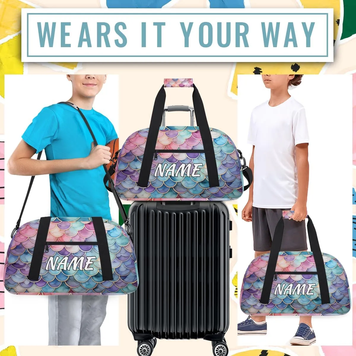 Personalized Custom Gym Bag for Women Men Carry on Mermaid Scales Travel Duffel Tote Purple Blue Overnight Workout Weekender Bag
