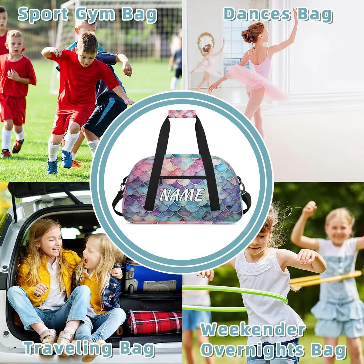 Personalized Custom Gym Bag for Women Men Carry on Mermaid Scales Travel Duffel Tote Purple Blue Overnight Workout Weekender Bag