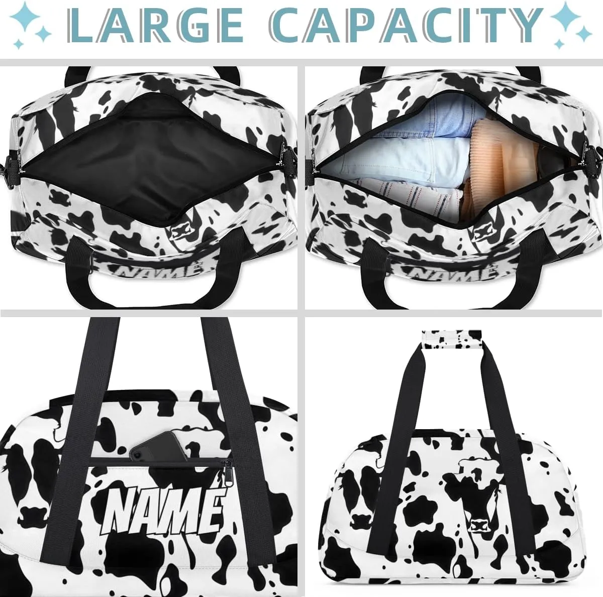 Personalized Custom Gym Bag for Women Men Carry on Milk Cow Print Travel Duffel Tote Farm Animal Overnight Workout Weekender Bag