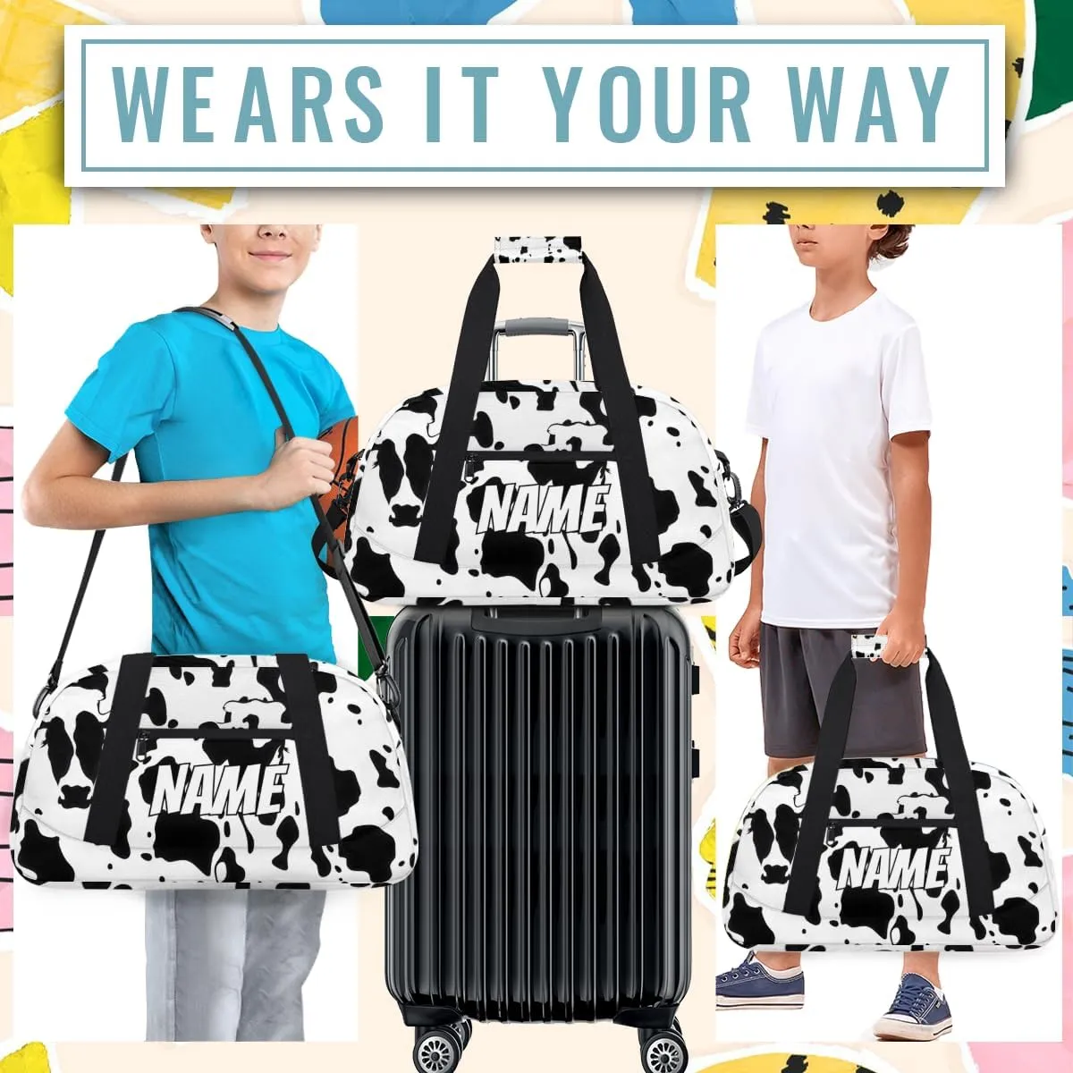 Personalized Custom Gym Bag for Women Men Carry on Milk Cow Print Travel Duffel Tote Farm Animal Overnight Workout Weekender Bag