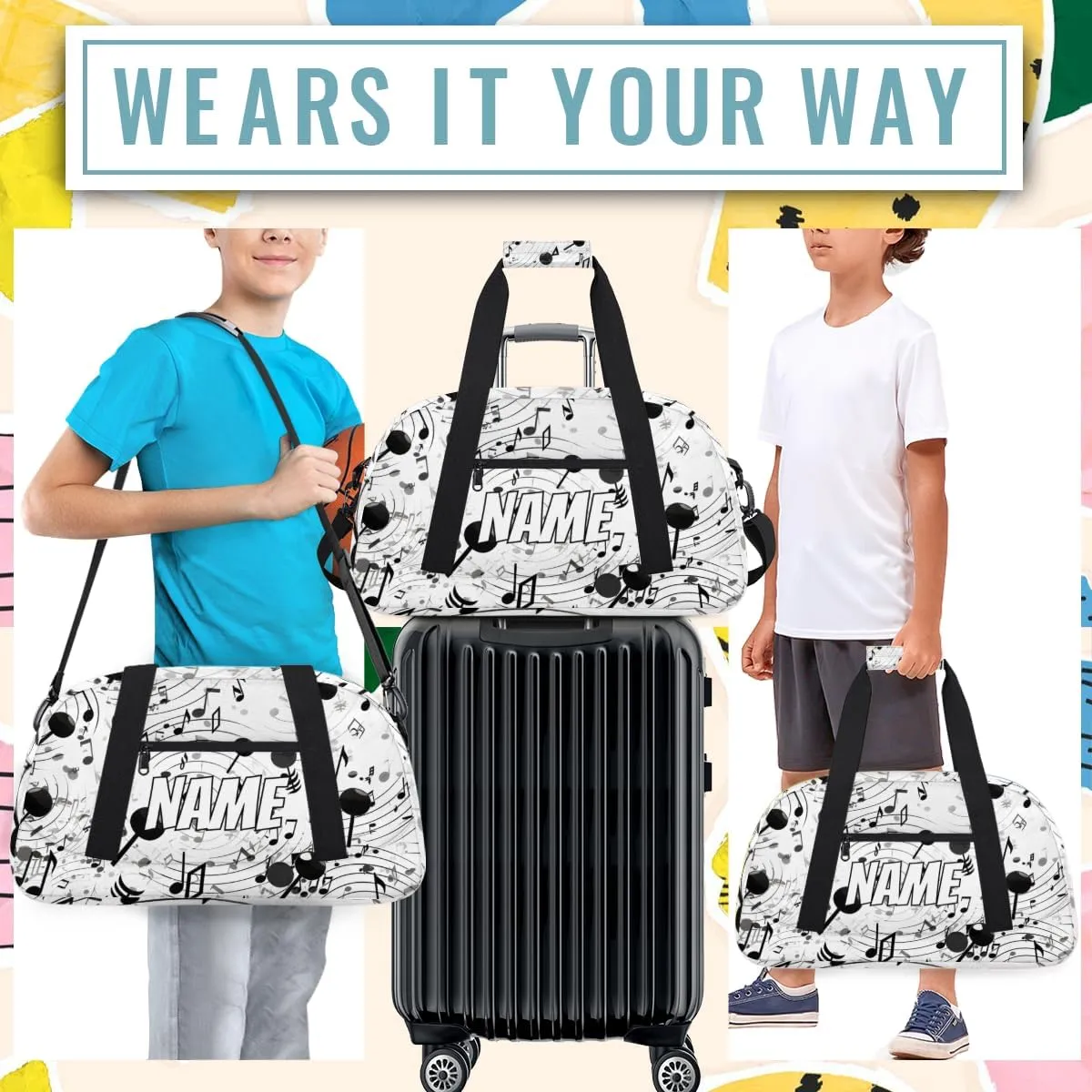 Personalized Custom Gym Bag for Women Men Carry on Music Theme Travel Duffel Tote Musical Note Overnight Workout Weekender Bag