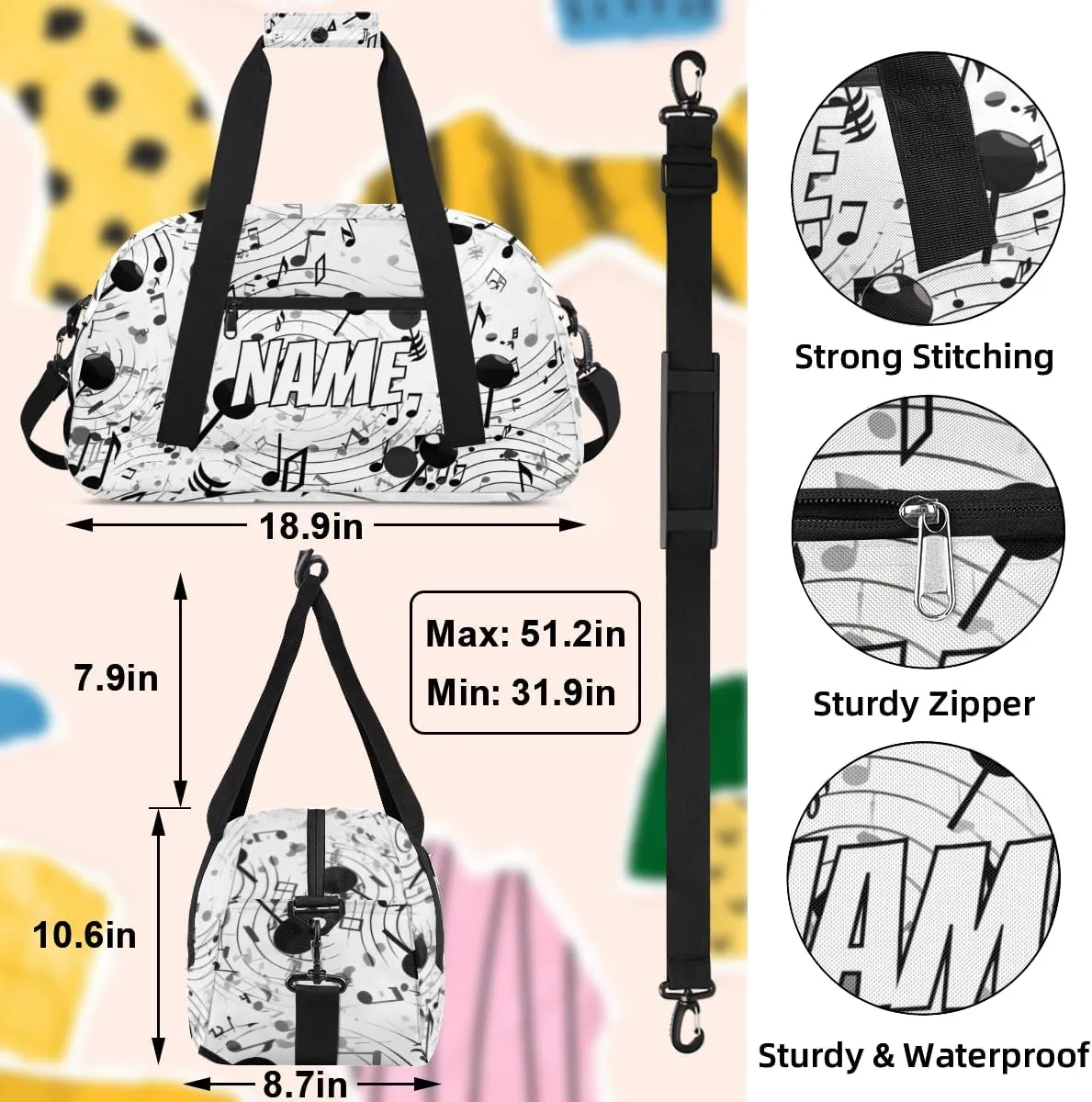 Personalized Custom Gym Bag for Women Men Carry on Music Theme Travel Duffel Tote Musical Note Overnight Workout Weekender Bag