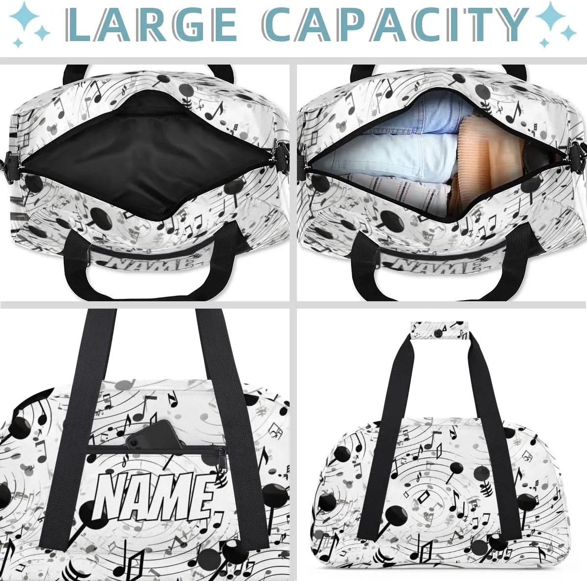 Personalized Custom Gym Bag for Women Men Carry on Music Theme Travel Duffel Tote Musical Note Overnight Workout Weekender Bag