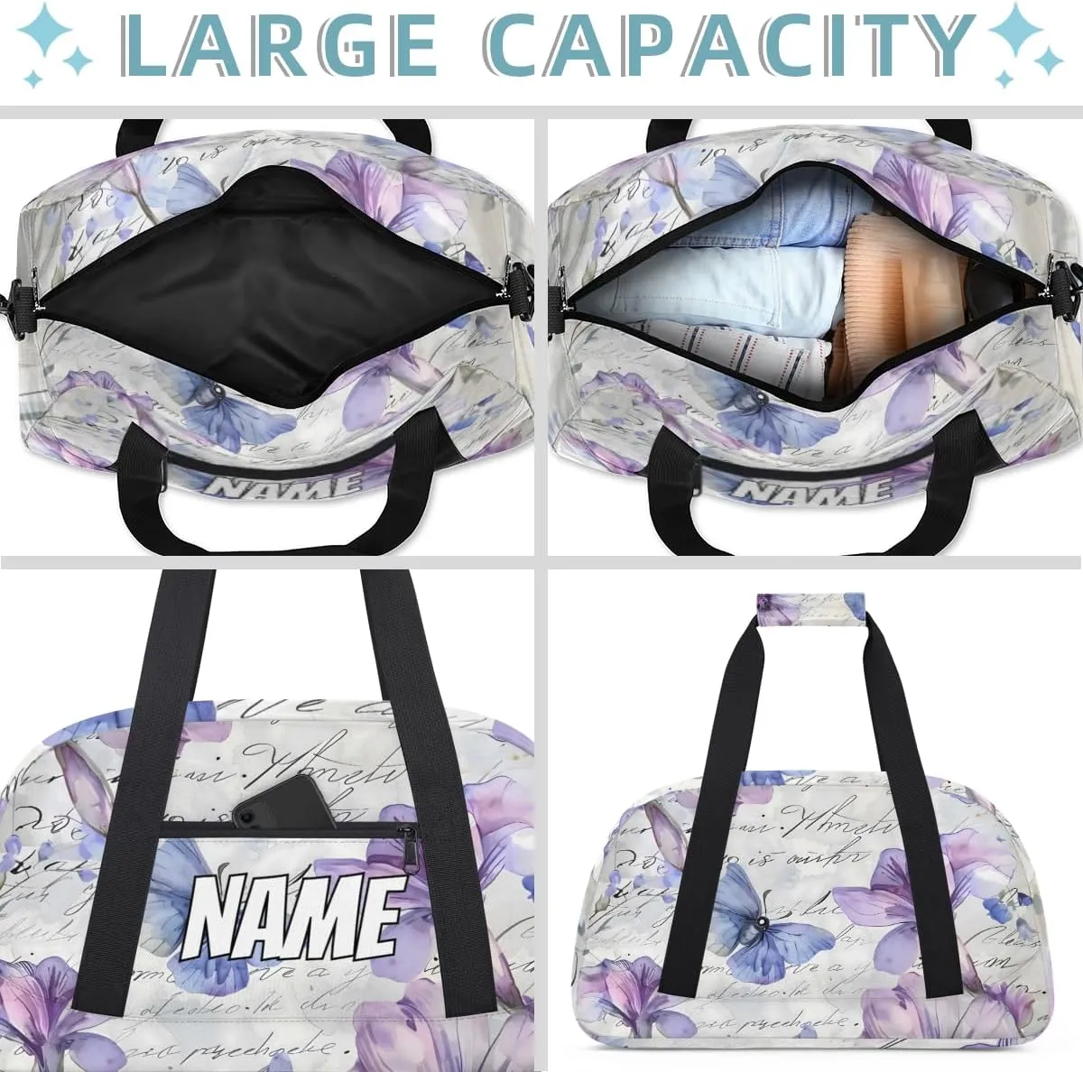 Personalized Custom Gym Bag for Women Men Carry on Purple Flower Travel Duffel Tote butterfly Floral Overnight Workout Weekender Bag