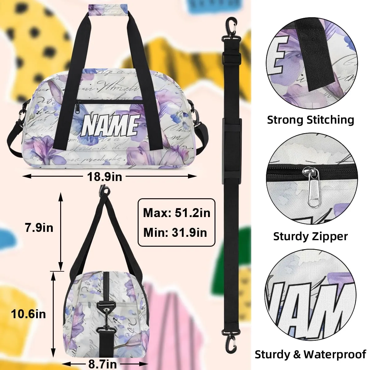 Personalized Custom Gym Bag for Women Men Carry on Purple Flower Travel Duffel Tote butterfly Floral Overnight Workout Weekender Bag