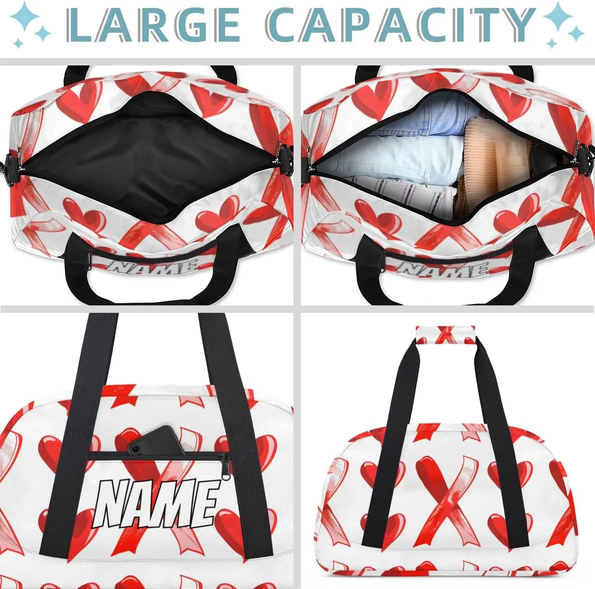 Personalized Custom Gym Bag for Women Men Carry on Red Hearts Travel Duffel Tote Sweethearts Love Overnight Workout Weekender Bag