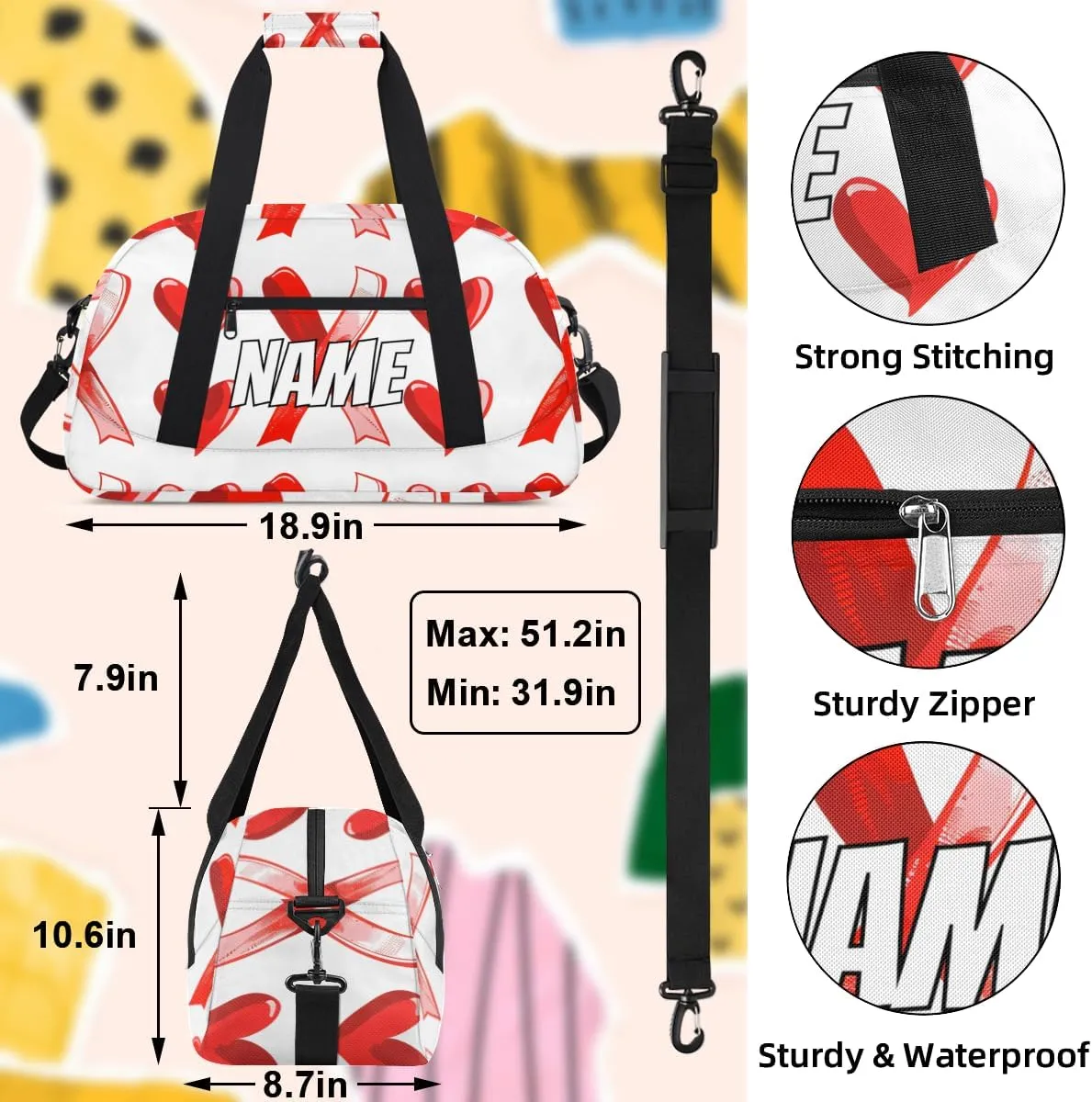 Personalized Custom Gym Bag for Women Men Carry on Red Hearts Travel Duffel Tote Sweethearts Love Overnight Workout Weekender Bag