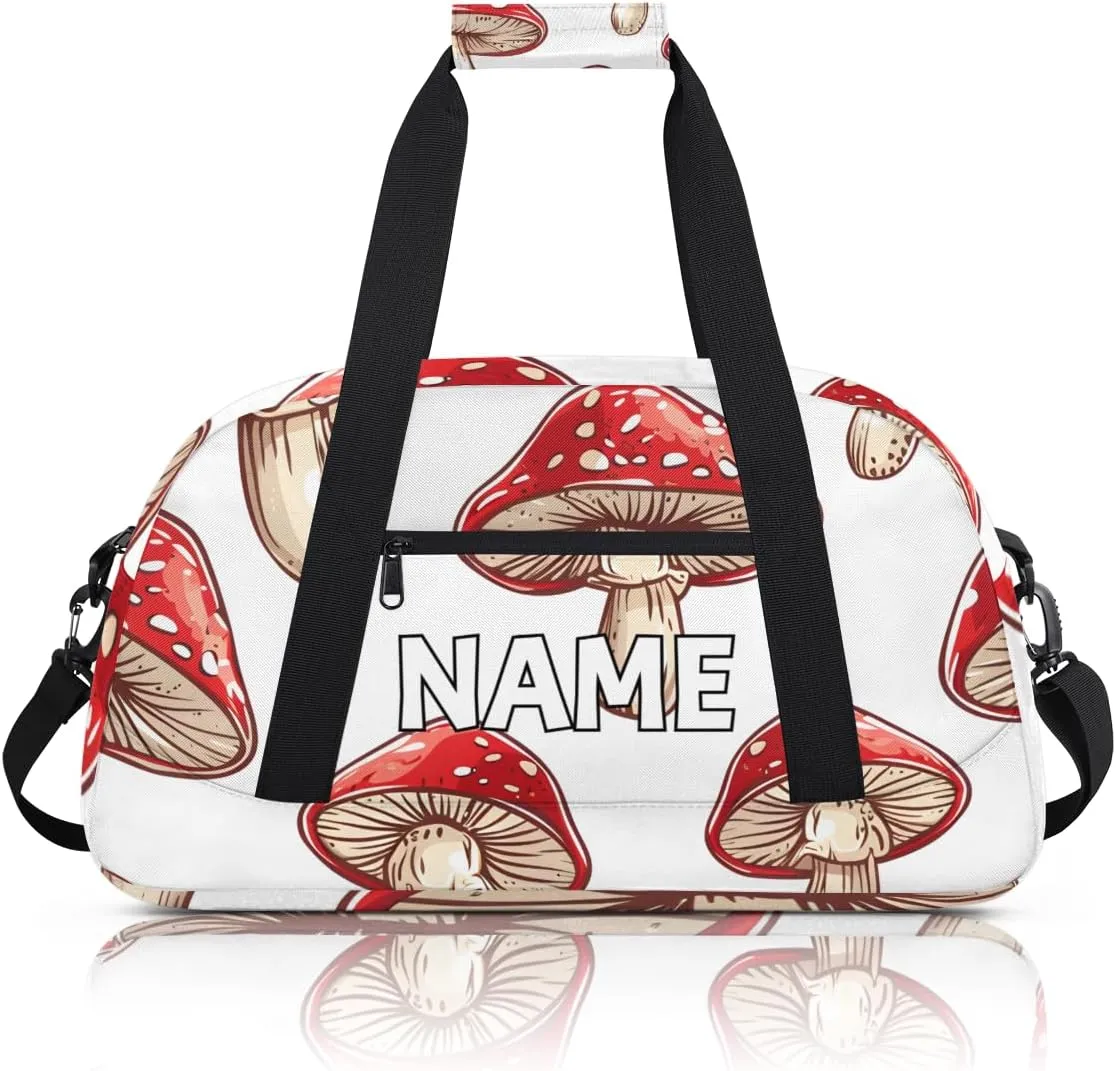 Personalized Custom Gym Bag for Women Men Carry on Red Mushrooms Travel Duffel Tote Boho Plants Overnight Workout Weekender Bag