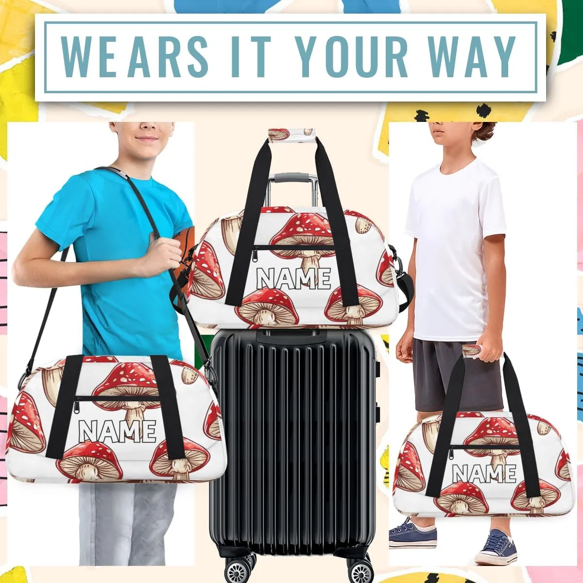 Personalized Custom Gym Bag for Women Men Carry on Red Mushrooms Travel Duffel Tote Boho Plants Overnight Workout Weekender Bag