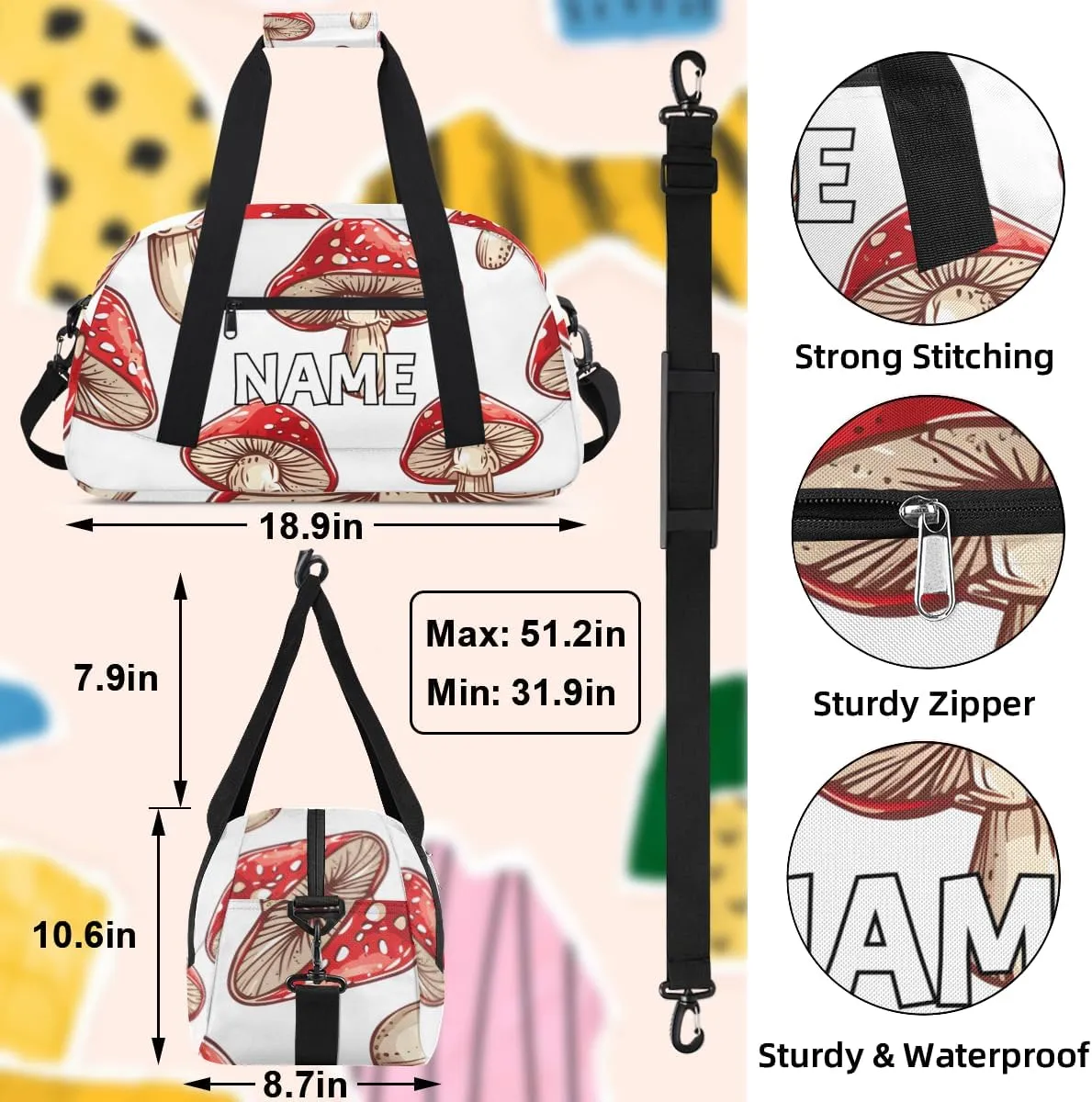 Personalized Custom Gym Bag for Women Men Carry on Red Mushrooms Travel Duffel Tote Boho Plants Overnight Workout Weekender Bag