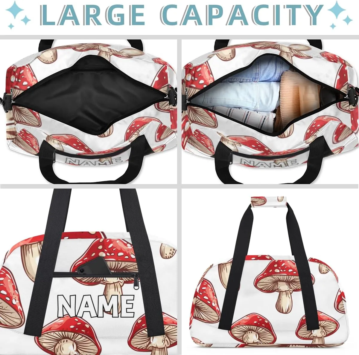 Personalized Custom Gym Bag for Women Men Carry on Red Mushrooms Travel Duffel Tote Boho Plants Overnight Workout Weekender Bag