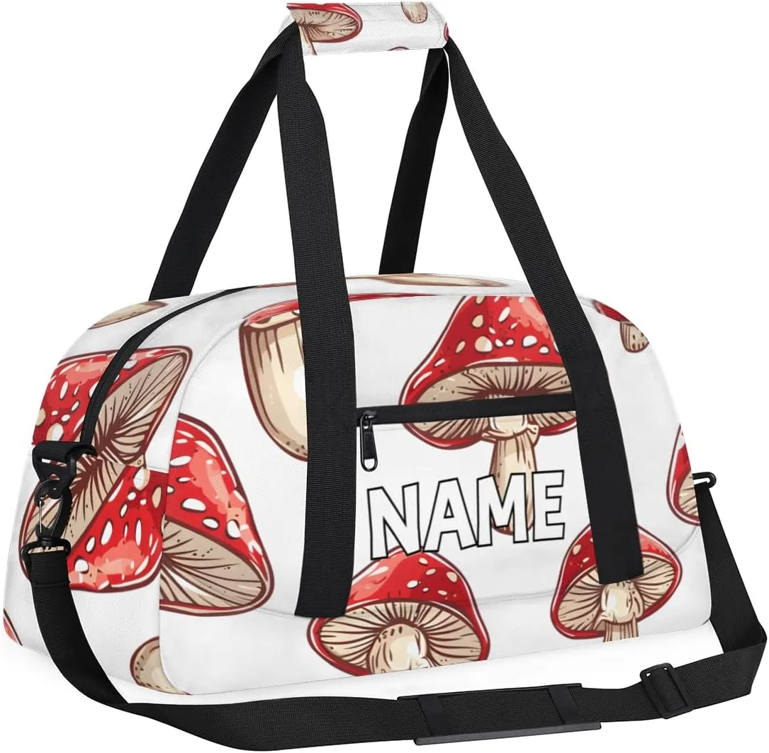 Personalized Custom Gym Bag for Women Men Carry on Red Mushrooms Travel Duffel Tote Boho Plants Overnight Workout Weekender Bag