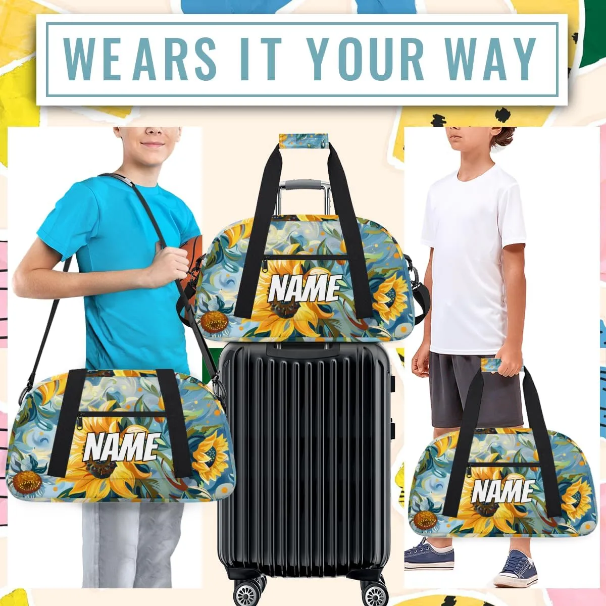 Personalized Custom Gym Bag for Women Men Carry on Rustic Sunflowers Travel Duffel Tote Watercolor Plants Overnight Workout Weekender Bag