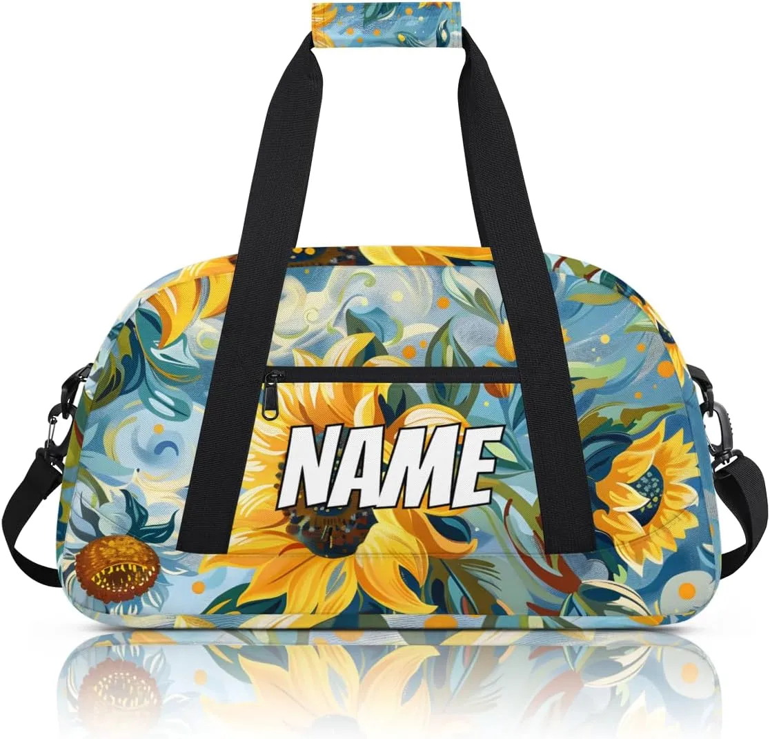 Personalized Custom Gym Bag for Women Men Carry on Rustic Sunflowers Travel Duffel Tote Watercolor Plants Overnight Workout Weekender Bag